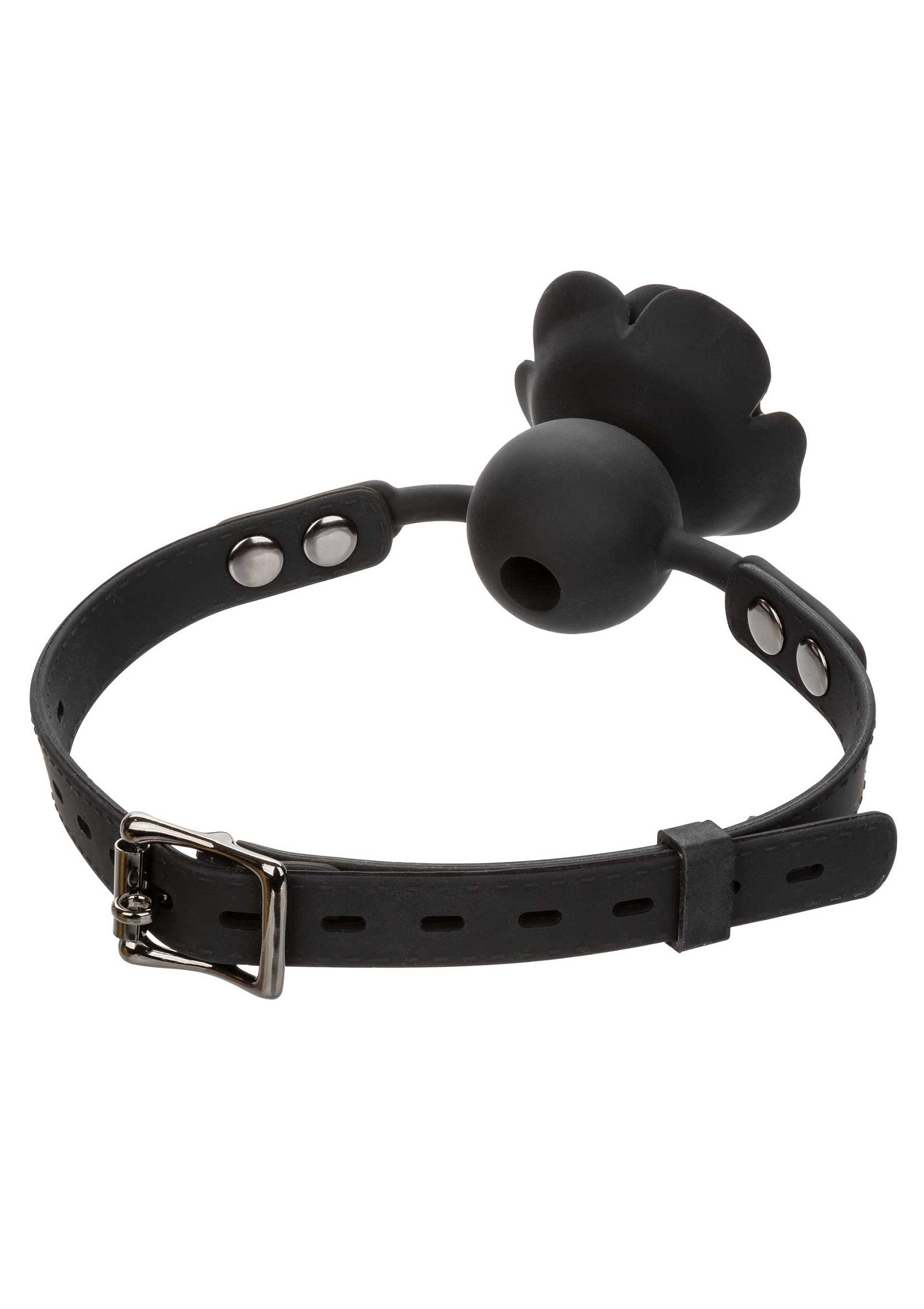 Bâillon noir avec une fleur. Accessoires érotiques pour adultes.; Zwarte gag met een bloem. Erotische accessoires voor volwassenen.; Black gag with a flower. Erotic accessories for adults.