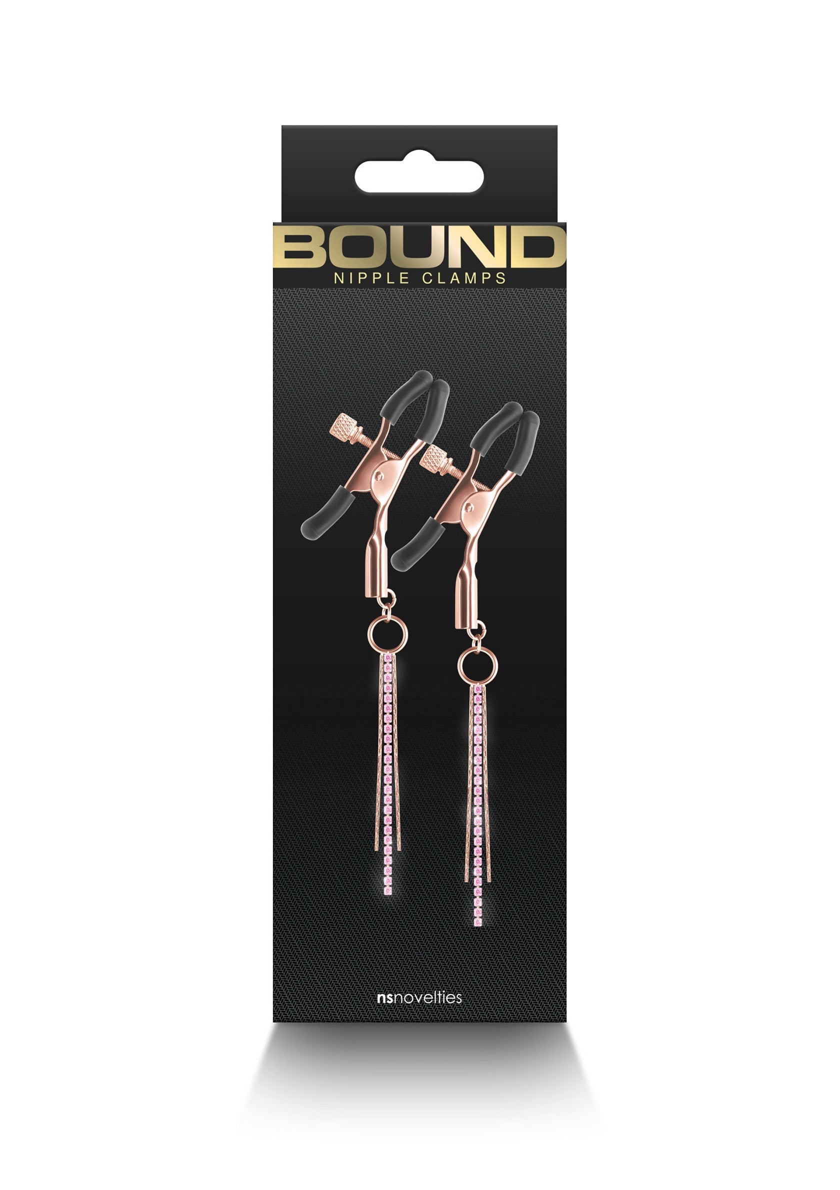 Pinces à tétons BOUND avec des chaînes décoratives pour un plaisir intense et sensuel. Découvrez nos accessoires érotiques de qualité.; BOUND tepelklemmen met decoratieve kettingen voor intens en sensueel plezier. Ontdek onze kwalitatieve erotische accessoires.; BOUND nipple clamps with decorative chains for intense and sensual pleasure. Discover our quality erotic accessories.