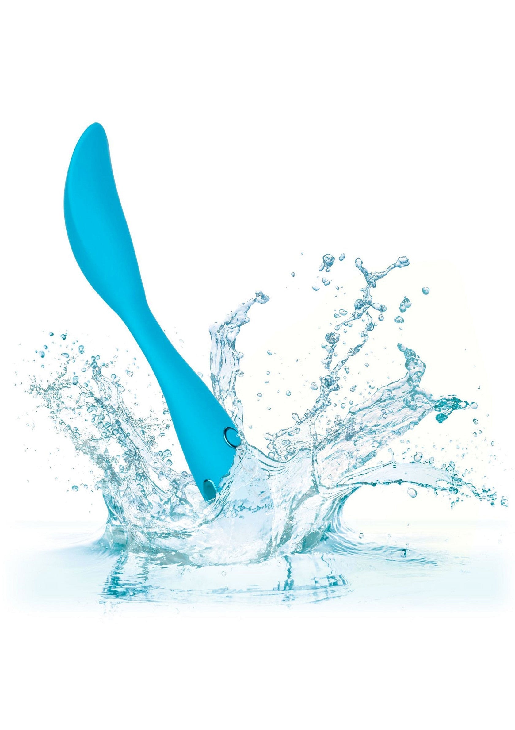 Vibromasseur bleu étanche avec des éclaboussures d'eau pour une utilisation en toute sécurité et des sensations accrues.; Waterdichte blauwe vibrator met waterspatten voor veilig gebruik en verhoogde sensaties.; Waterproof blue vibrator with water splashes for safe use and heightened sensations.