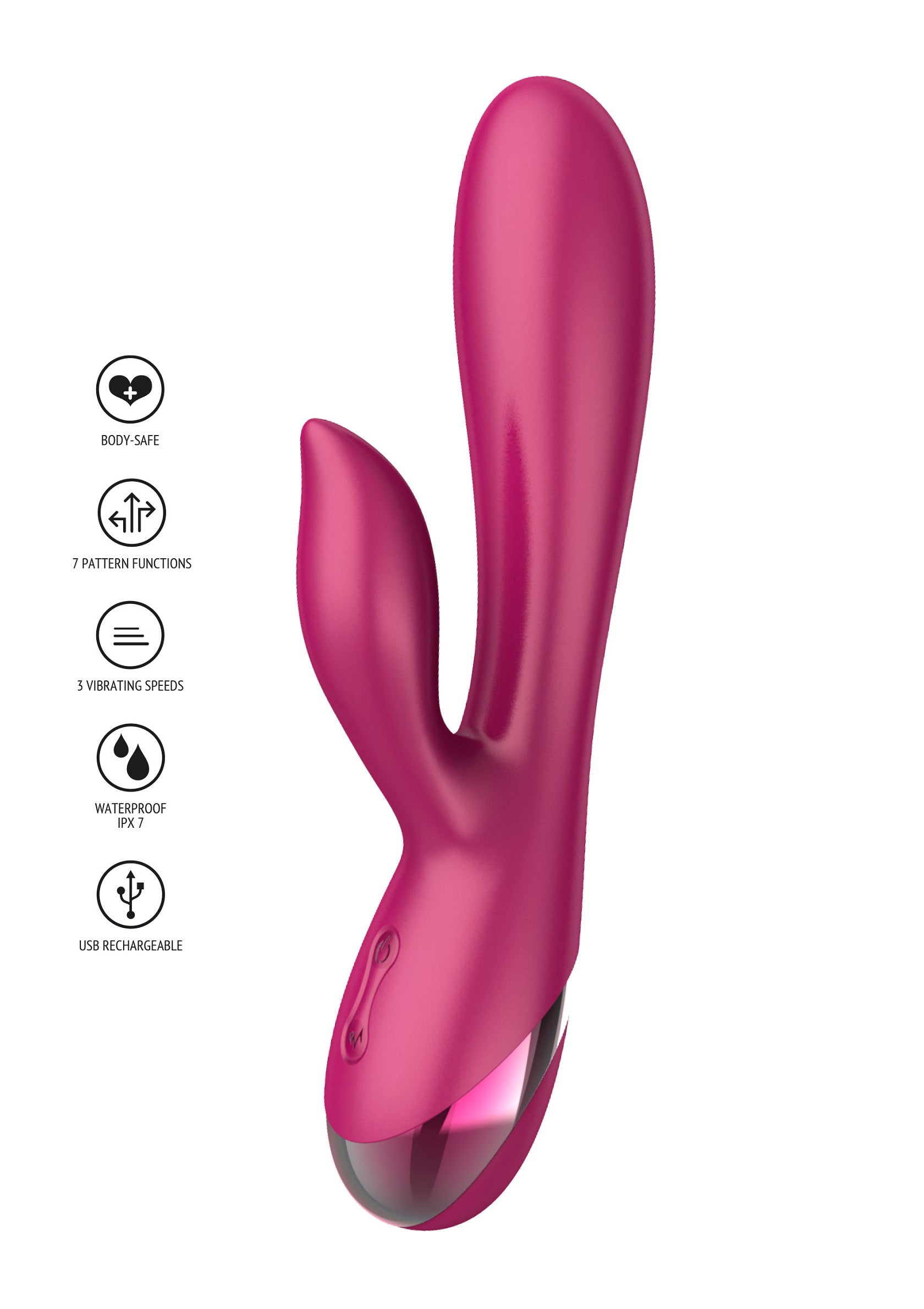Vibromasseur rose en forme de lapin avec 7 modes de vibration, étanche et rechargeable par USB.; Roze konijnenvibrator met 7 vibratiestanden, waterdicht en USB oplaadbaar.; Pink rabbit vibrator with 7 vibration patterns, waterproof, and USB rechargeable.