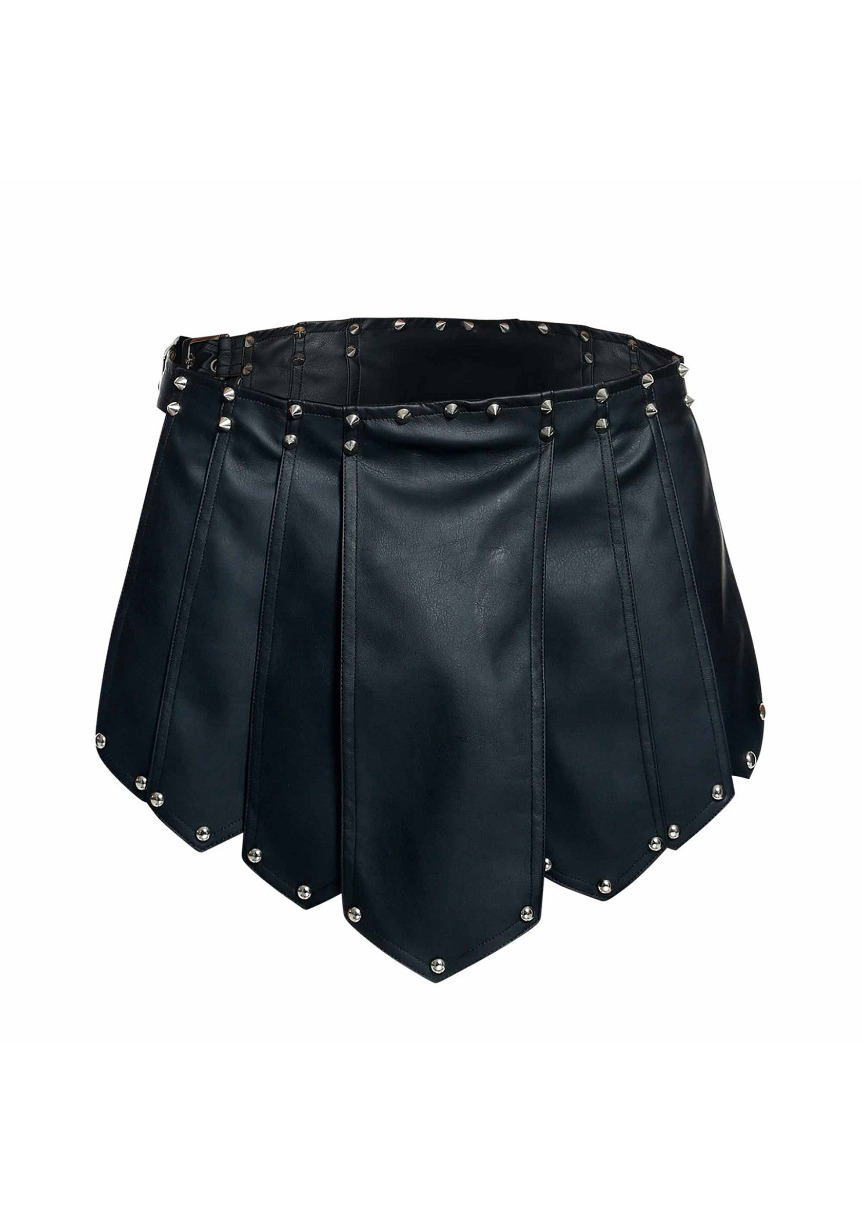 Jupe cloutée en similicuir noir. Style punk et gothique.; Zwarte faux lederen rok met studs. Punk en gothic stijl.; Black faux leather studded skirt. Punk and gothic style.