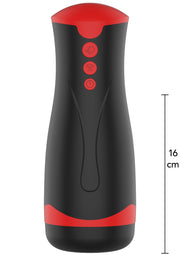 Manchon masturbateur noir et rouge vibrant pour hommes. Plaisir intense garanti. 16 cm de long.; Vibrerende masturbator voor mannen, zwart en rood. Gegarandeerd intens genot. 16 cm lang.; Vibrating male masturbator sleeve in black and red. Intense pleasure guaranteed. 16cm long.