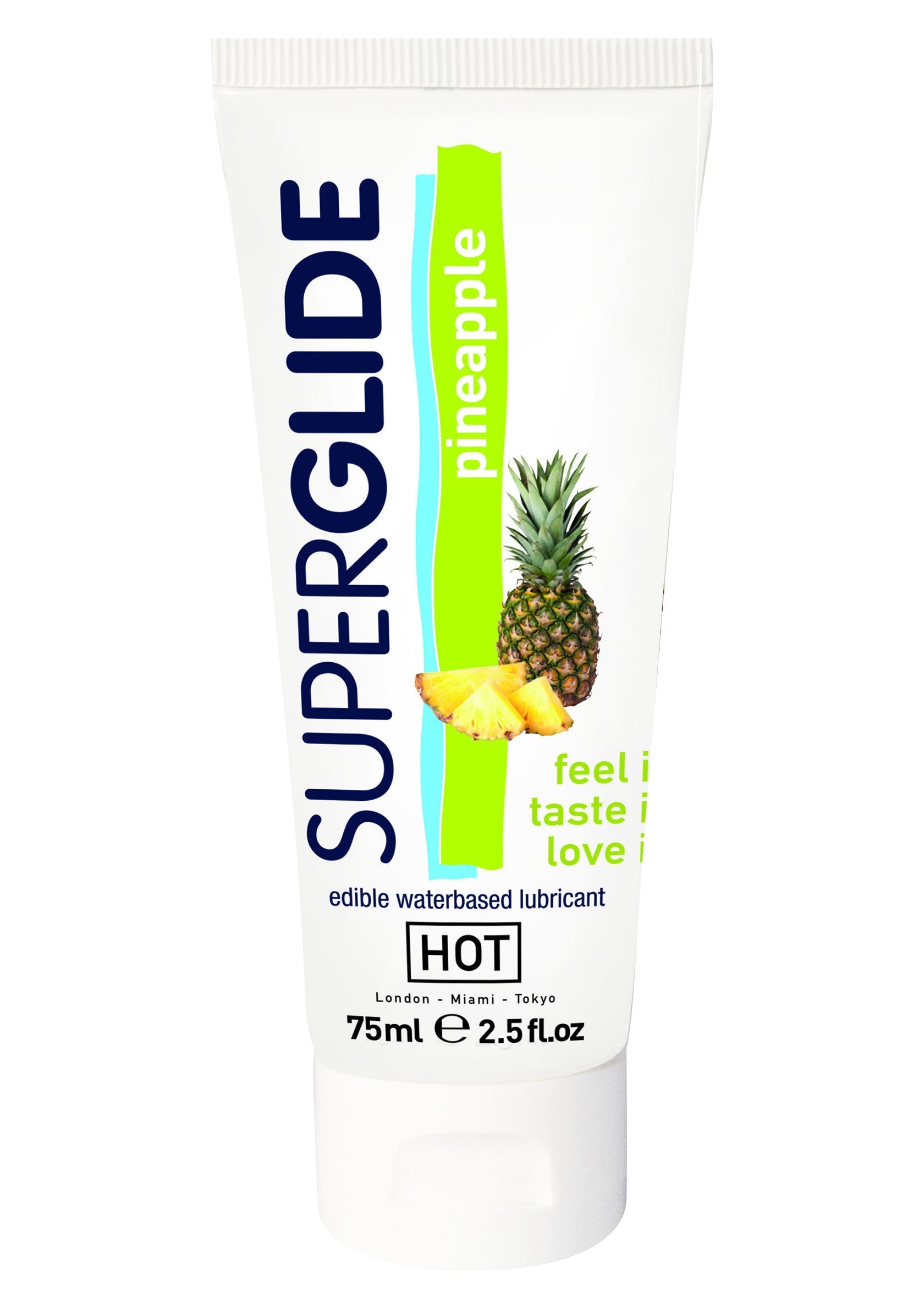 Superglide lubrifiant comestible à base d'eau, saveur ananas, 75ml. HOT pour une sensation intense.; Superglide eetbaar glijmiddel op waterbasis met ananassmaak, 75ml. HOT voor een intense sensatie.; Superglide edible water-based lubricant, pineapple flavor, 75ml. HOT for an intense sensation.