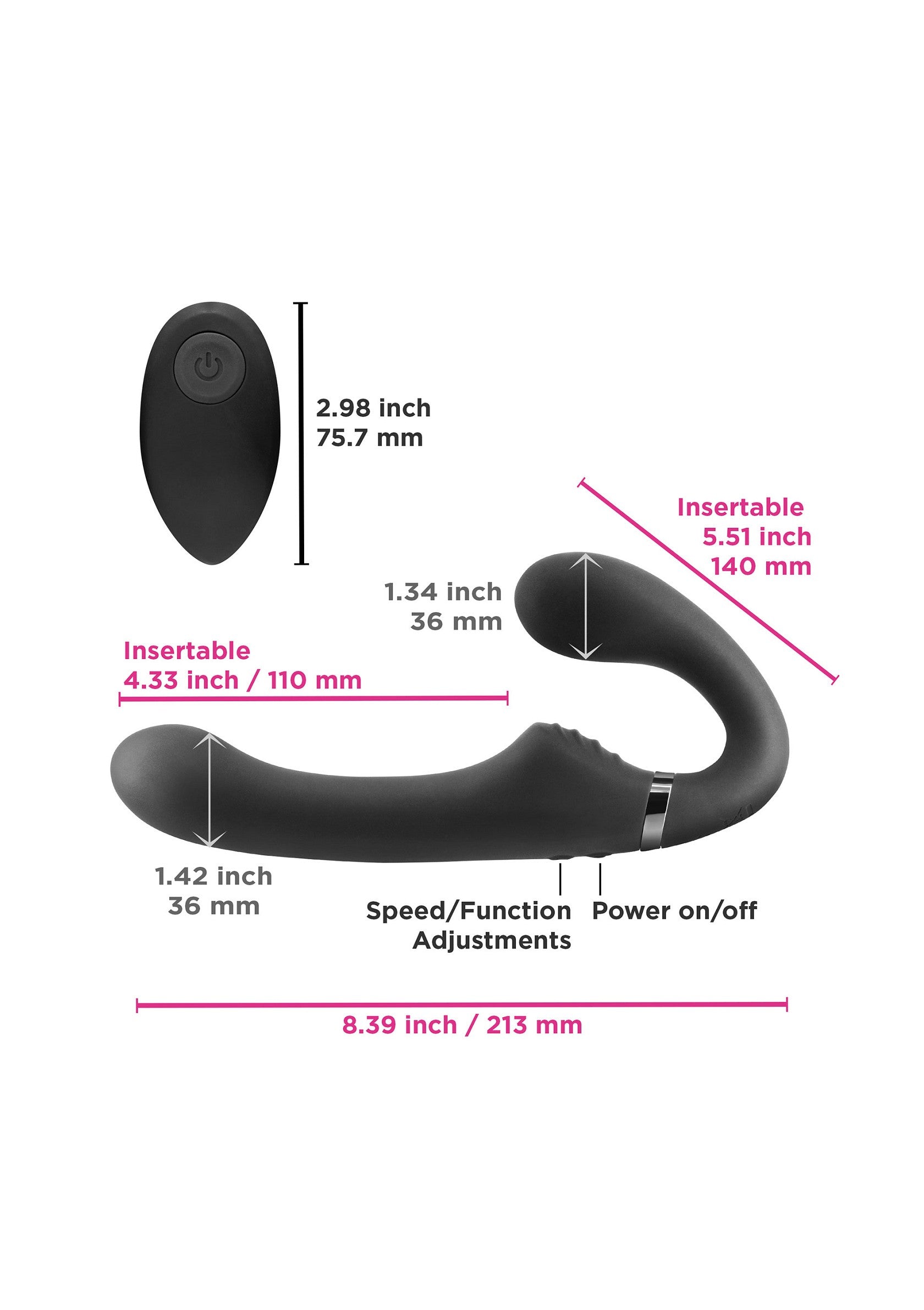 Vibrateur de couple noir avec dimensions détaillées pour une information précise.; Zwarte vibrator voor koppels met gedetailleerde afmetingen voor nauwkeurige informatie.; Black couple vibrator with detailed dimensions for accurate product information.