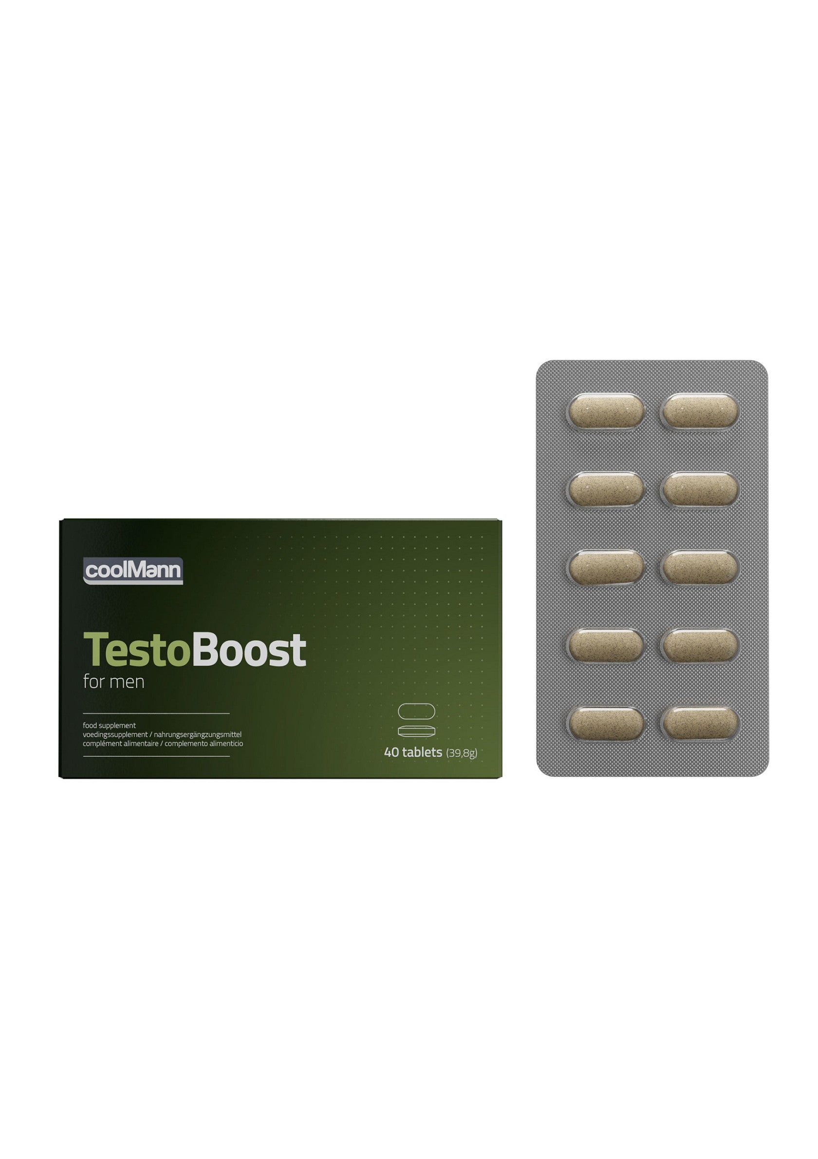 CoolMann TestoBoost pour hommes, complément alimentaire pour booster la testostérone, 40 comprimés; CoolMann TestoBoost voor mannen, voedingssupplement om testosteron te stimuleren, 40 tabletten; CoolMann TestoBoost for men, food supplement to boost testosterone, 40 tablets
