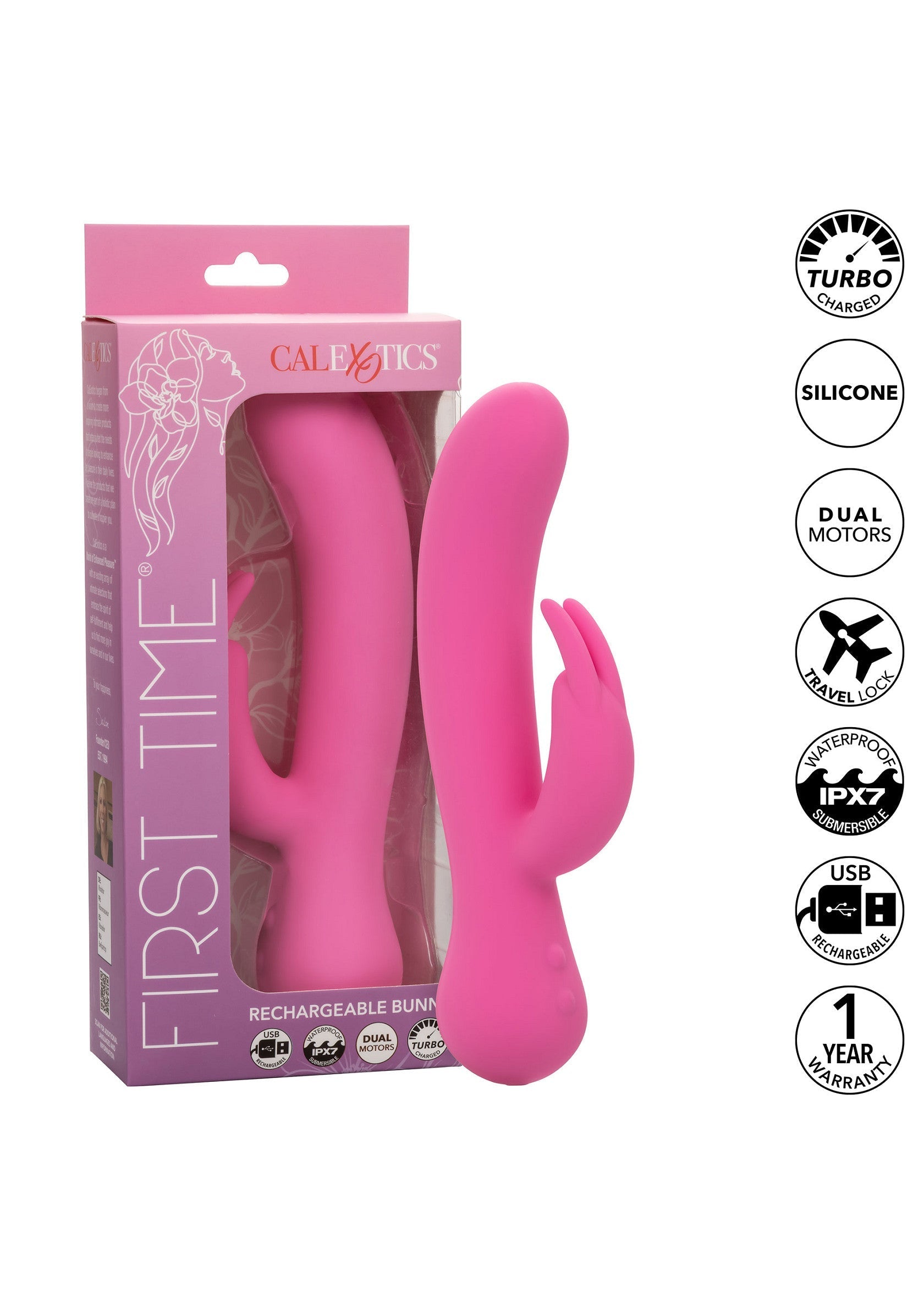 Vibromasseur lapin rose Calexotics First Time, rechargeable USB, idéal pour une initiation en douceur. Dual moteurs, silicone.; Calexotics First Time roze vibrator in konijnvorm, USB oplaadbaar, ideaal voor een zachte introductie. Dubbele motoren, siliconen.; Calexotics First Time pink bunny vibrator, USB rechargeable, ideal for a gentle start. Dual motors, silicone. 