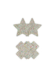 Ensemble de 2 sous-verres étoiles et 4 sous-verres carrés à motifs floraux.; Set van 2 ster-onderzetters en 4 vierkante onderzetters met bloemmotief.; Set of 2 star coasters and 4 square coasters with floral design.