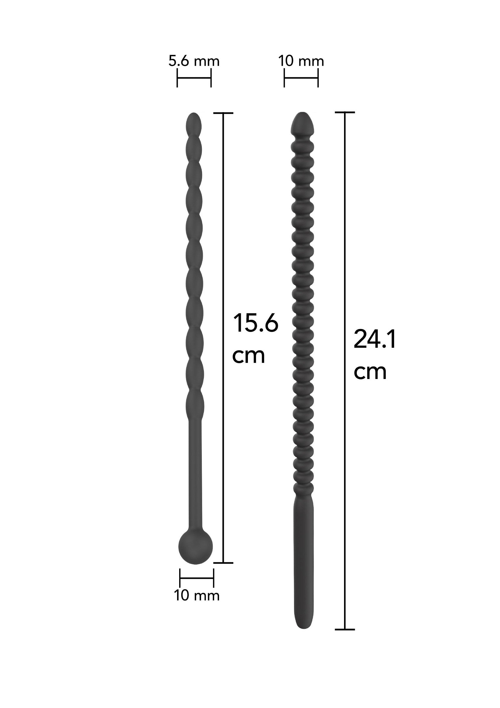 Dimensions détaillées de deux plugs anaux texturés. Tailles en cm et mm.; Gedetailleerde afmetingen van twee getextureerde anale plugs. Maten in cm en mm.; Detailed dimensions of two textured anal plugs. Measurements in cm and mm.