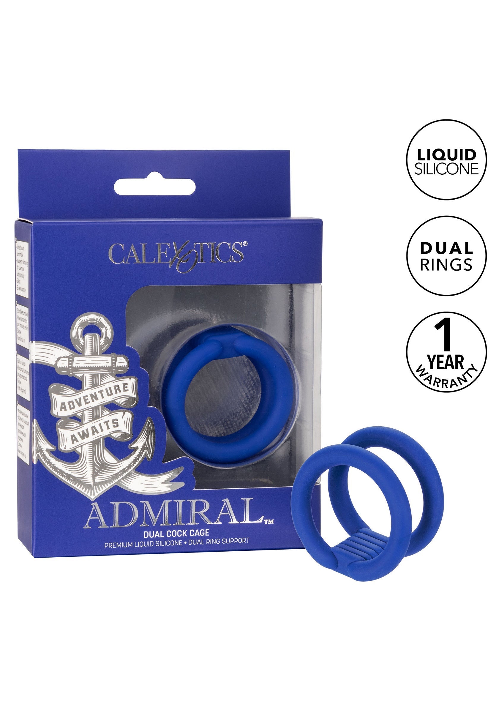 Caleotics Admiral anneau pénien double, silicone liquide. Soutien et confort améliorés pour une expérience intense.; Caleotics Admiral dubbele penisring, vloeibare silicone. Verbeterde ondersteuning en comfort voor een intense ervaring.; Caleotics Admiral dual cock ring, liquid silicone. Enhanced support and comfort for an intense experience.