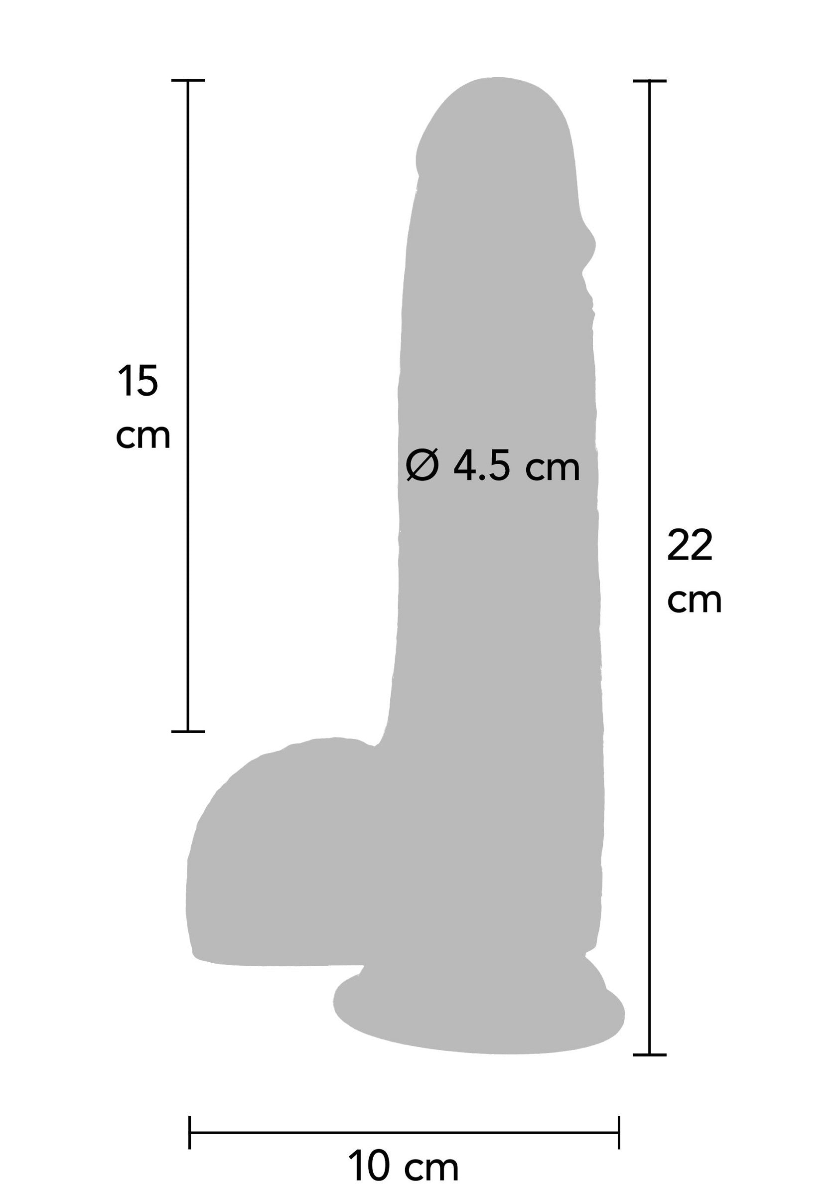 Schéma dimensionnel d'un gode avec une longueur totale de 22 cm et un diamètre de 4,5 cm.; Maatschets van een dildo met een totale lengte van 22 cm en een diameter van 4,5 cm.; Dimensional diagram of a dildo with a total length of 22 cm and a diameter of 4.5 cm.