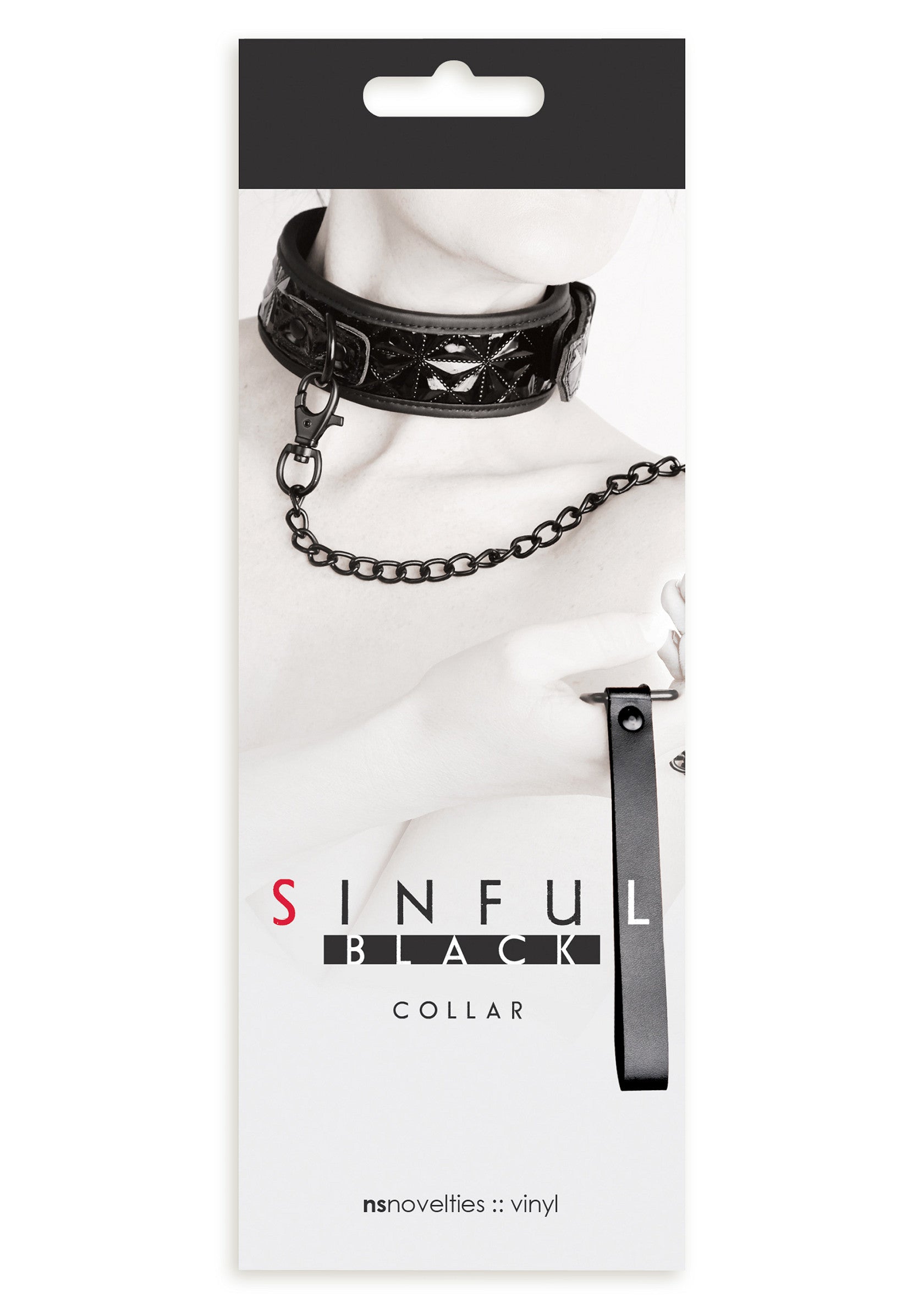 Collier noir 'Sinful' en vinyle avec chaîne, pour un look audacieux et sophistiqué.; Zwarte 'Sinful' vinyl halsband met ketting, voor een gewaagde en verfijnde look.; Sinful black vinyl collar with chain, for a bold and sophisticated look.