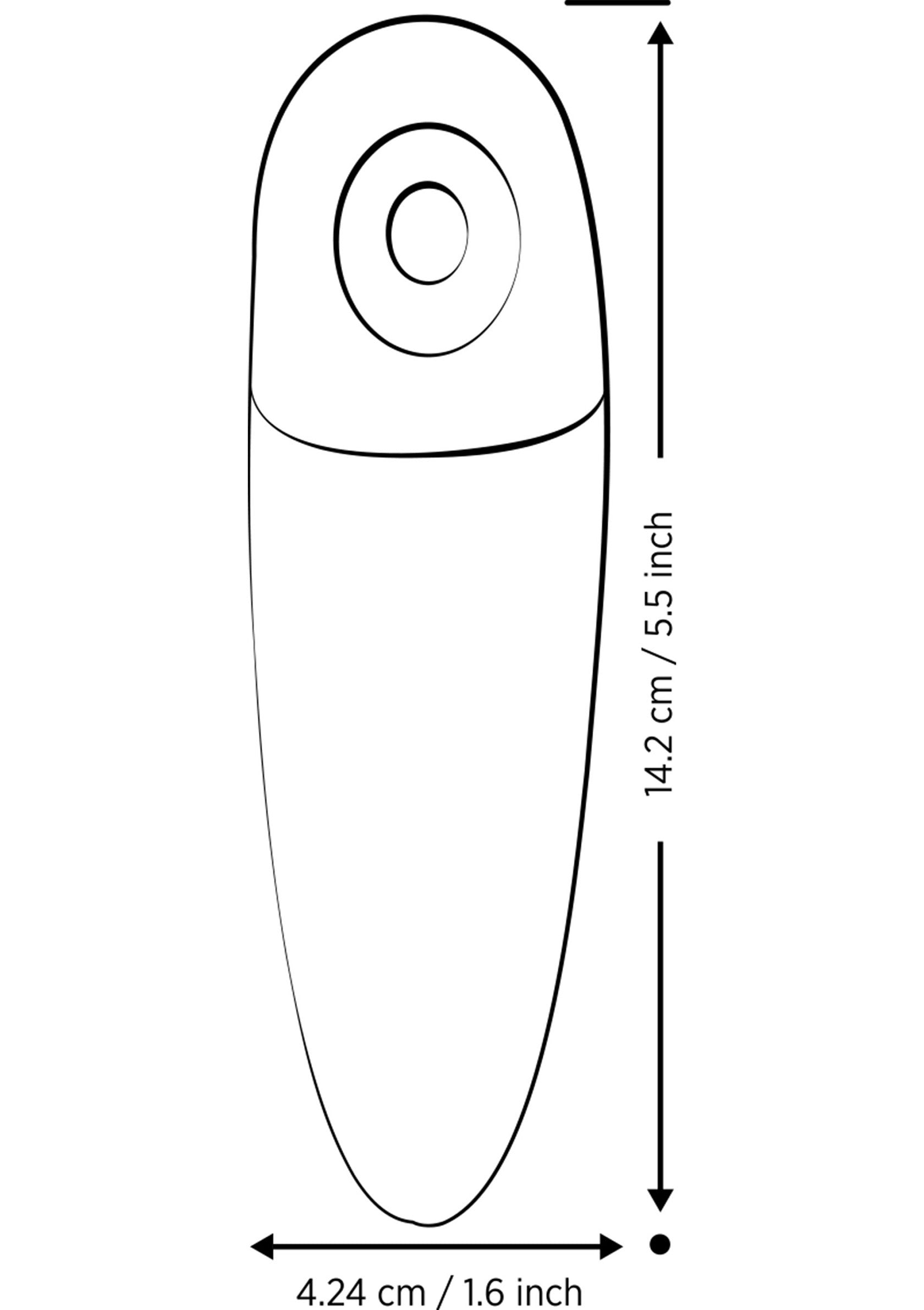 Schéma coté d'un petit objet longiligne avec un trou sur le dessus. Dimensions détaillées.; Schema met afmetingen van een klein, langwerpig object met een gat aan de bovenkant. Gedetailleerde afmetingen.; Dimensioned drawing of a small, elongated object with a hole on top. Detailed dimensions.