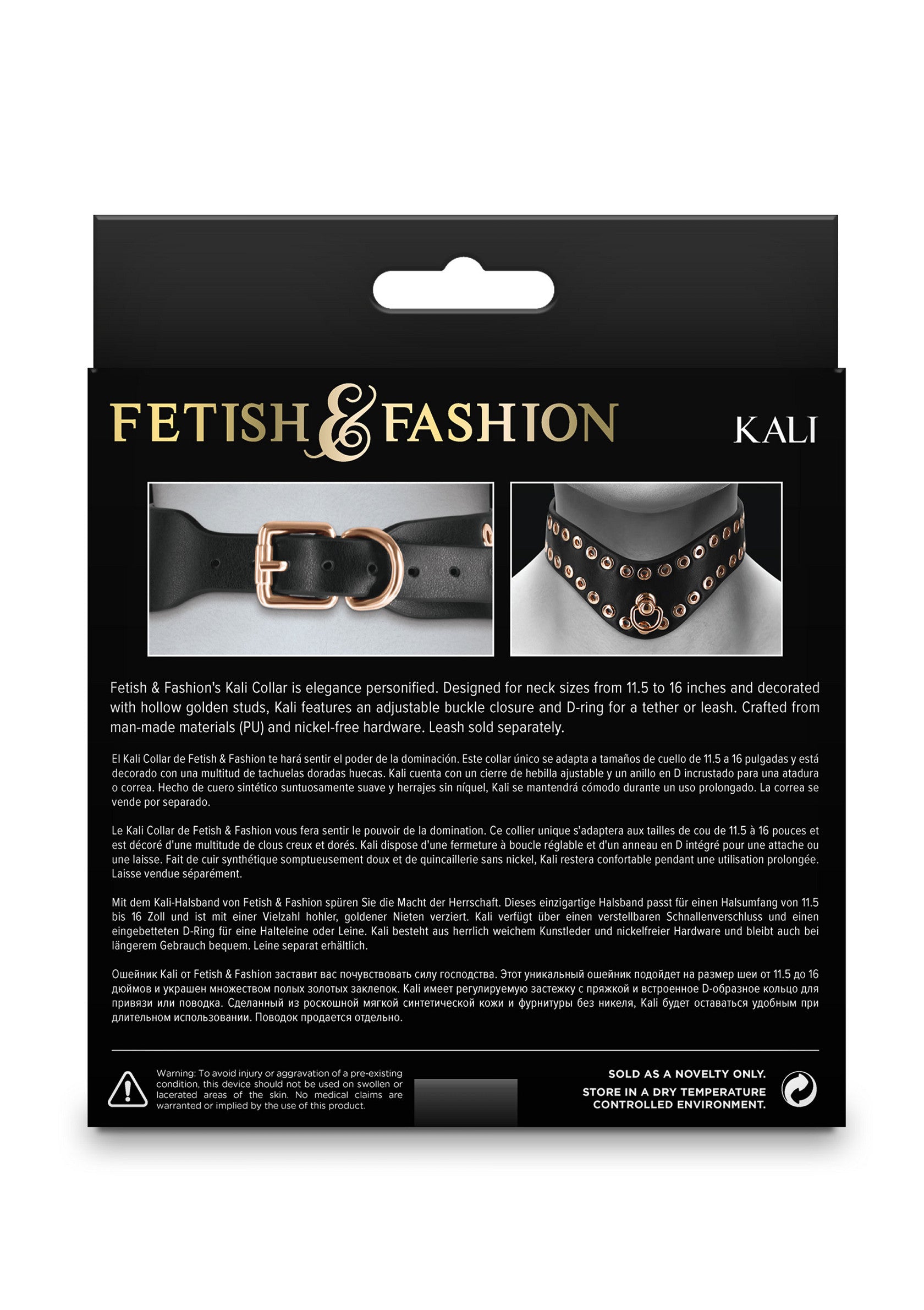 Collier Kali, Fetish & Fashion. Élégant collier en PU noir orné de studs dorés. Boucle ajustable. Laisse vendue séparément.; Kali halsband, Fetish & Fashion. Elegante zwarte PU halsband met gouden studs. Verstelbare gesp. Riem apart verkrijgbaar.; Kali Collar by Fetish & Fashion. Elegant black PU collar adorned with golden studs. Adjustable buckle. Leash sold separately.