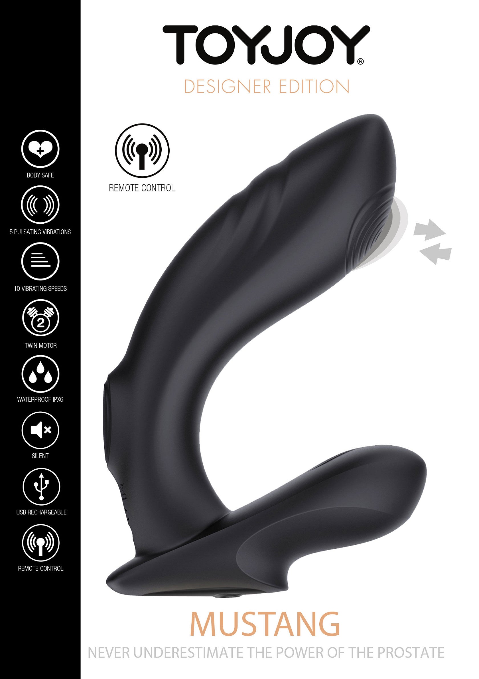 ToyJoy Mustang pour prostate, édition designer. Télécommandé, waterproof, vibrations multiples.; ToyJoy Mustang prostaatstimulator, designer editie. Afstandsbediening, waterproof, meerdere vibraties.; ToyJoy Mustang prostate massager, designer edition. Remote control, waterproof, multiple vibrations.