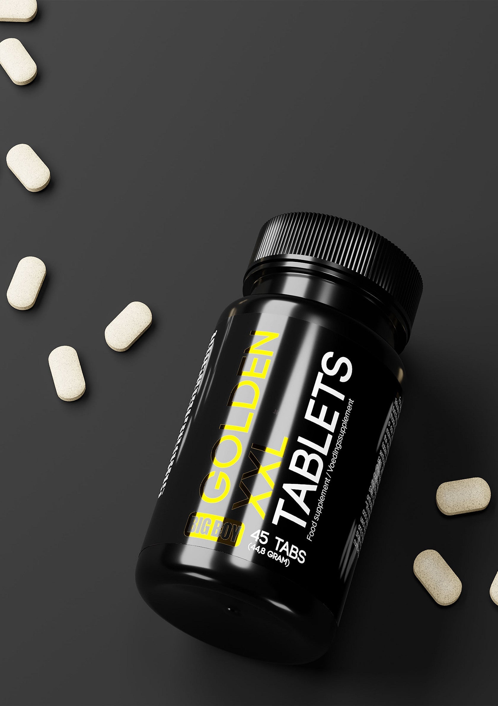 Boîte de comprimés Golden XXL. Complément alimentaire de haute qualité pour votre bien-être. Achetez maintenant !; Golden XXL Tabletten pot. Hoogwaardig voedingssupplement voor uw welzijn. Koop nu!; Golden XXL Tablets bottle. High-quality food supplement for your well-being. Buy now!