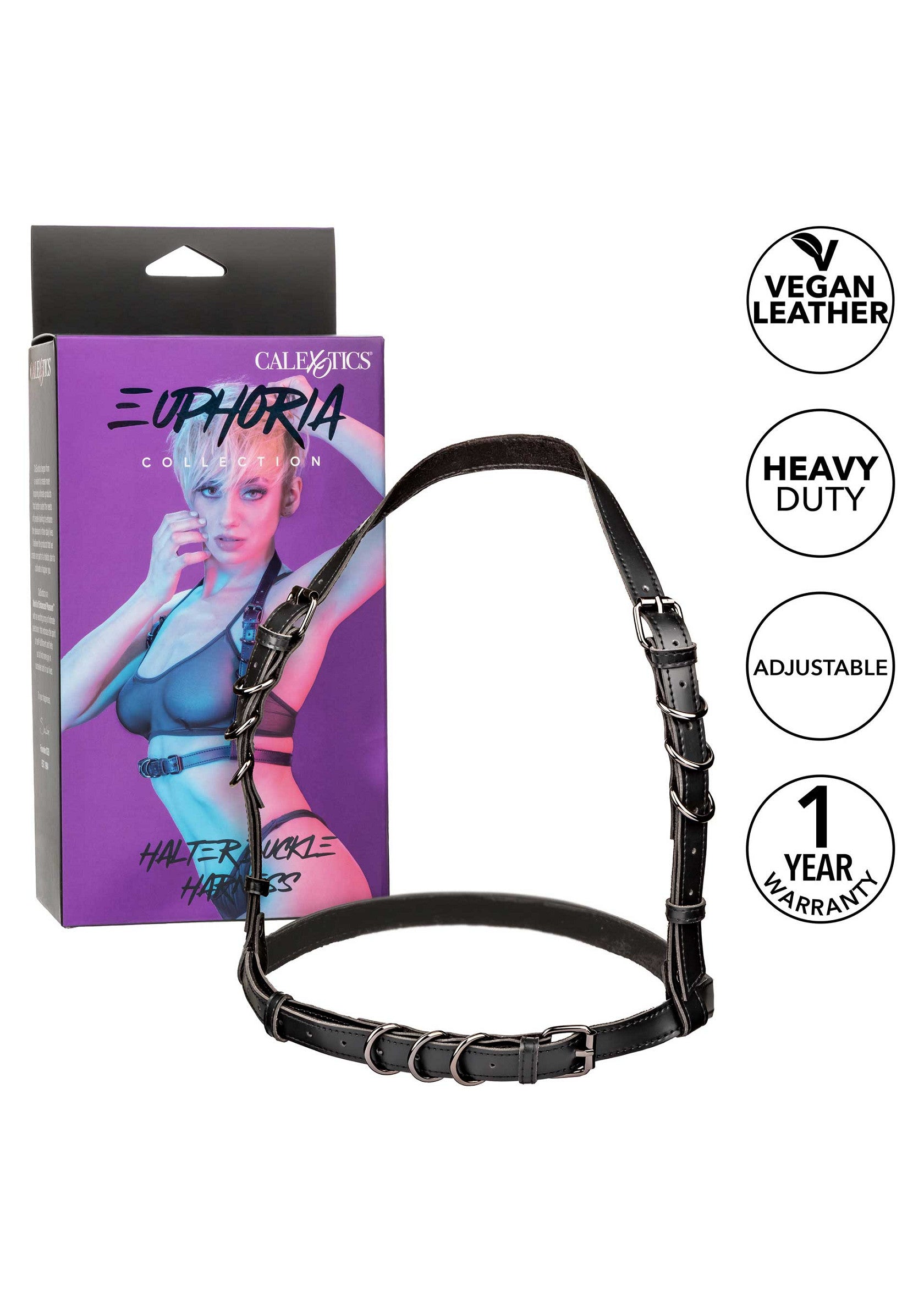 Harnais Halter Buckle noir en cuir vegan. Ajustable et résistant. Garantie 1 an. Collection Euphoria.; Zwarte Halter Buckle harnas van veganistisch leer. Verstelbaar en duurzaam. 1 jaar garantie. Euphoria collectie.; Black Vegan Leather Halter Buckle Harness. Adjustable and Heavy Duty. 1 Year Warranty. Euphoria Collection.