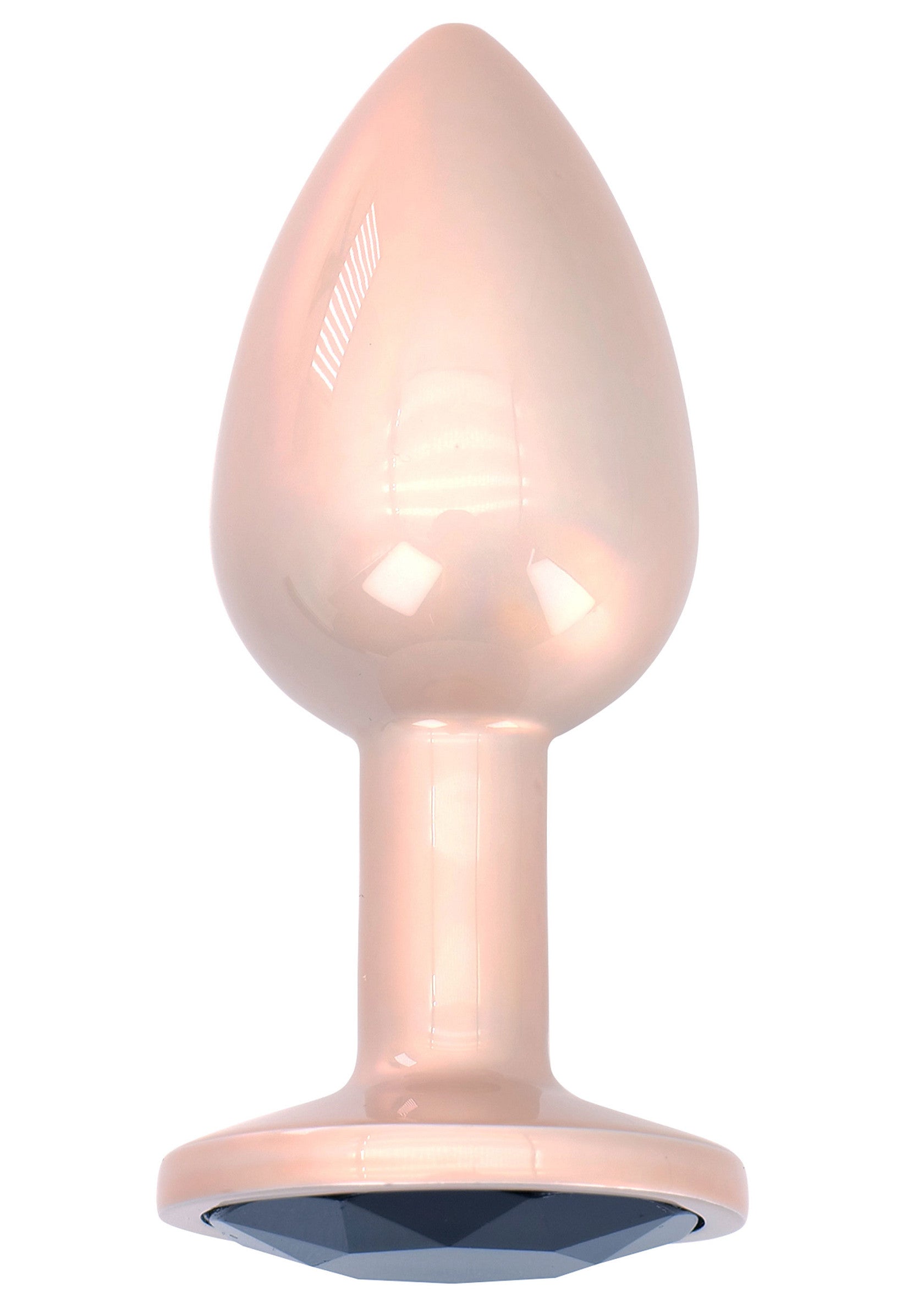 Plug anal rose doré avec bijou noir pour une expérience intime élégante et sensuelle.; Roségouden anale plug met zwarte juweel voor een elegante en sensuele intieme ervaring.; Rose gold anal plug with black gem for an elegant and sensual intimate experience.