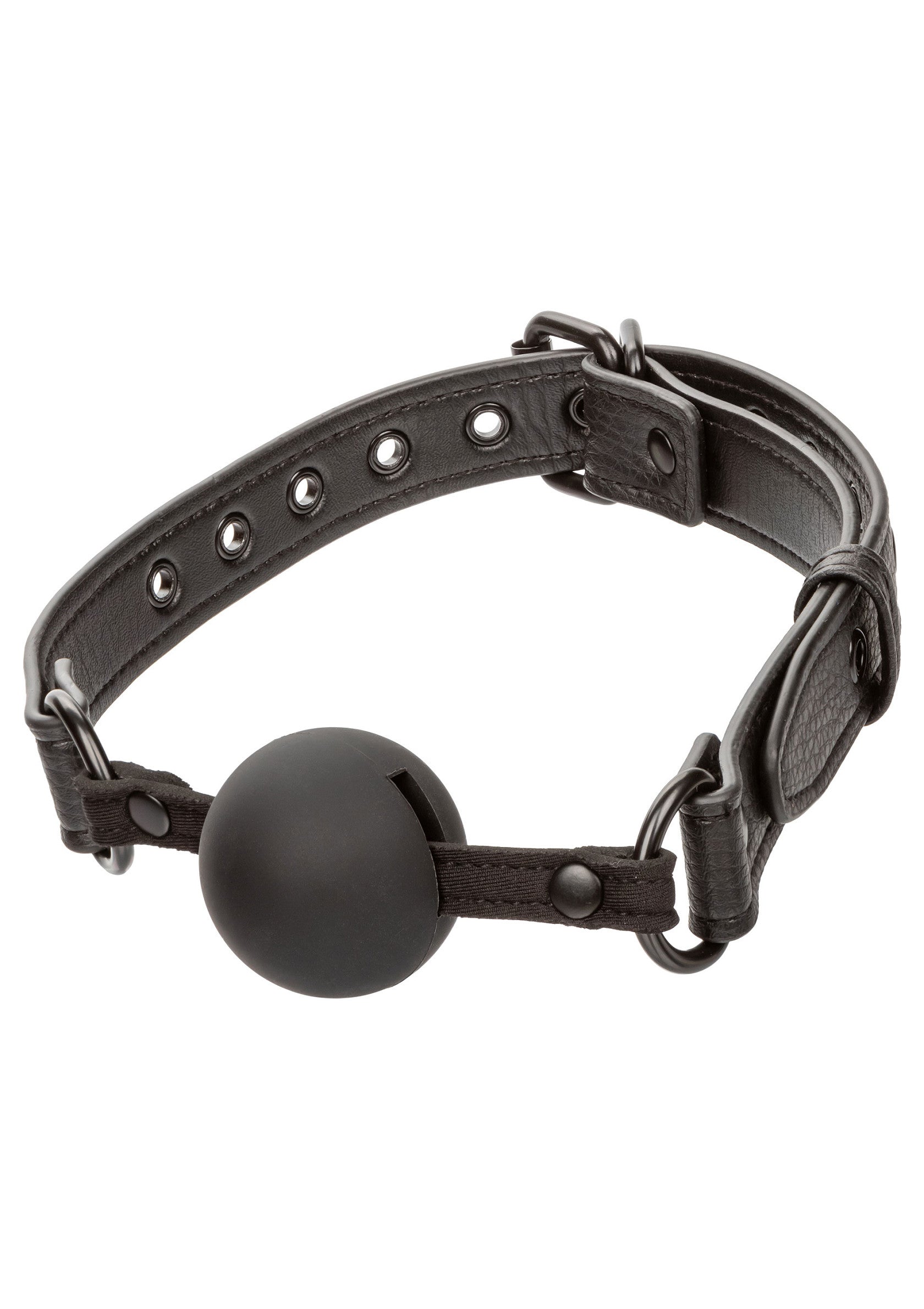 Bâillon boule noir en cuir, accessoire fétichiste pour jeux de rôle.; Zwarte balgag van leer, fetish accessoire voor rollenspellen.; Black leather ball gag, fetish accessory for role-playing games.