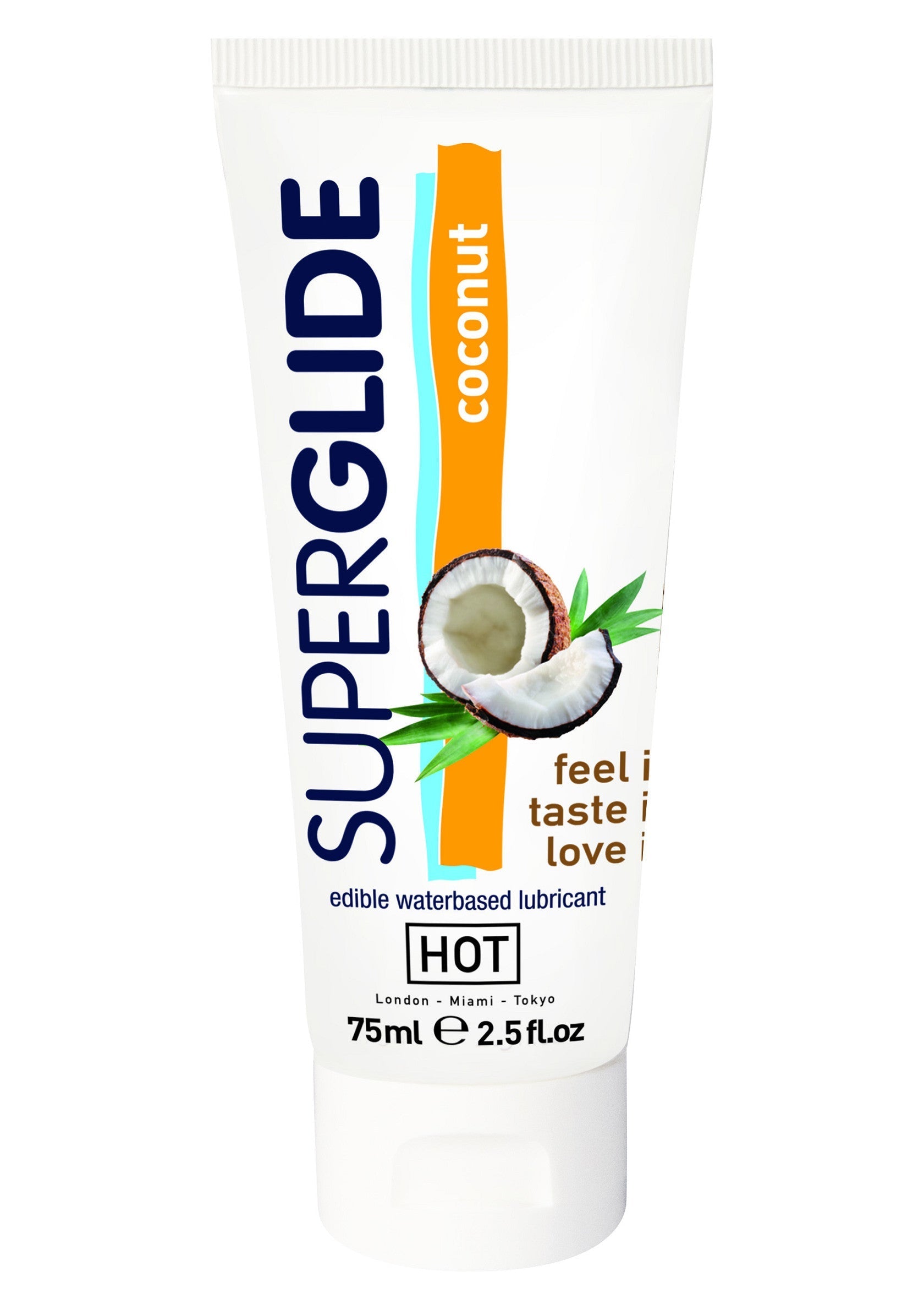 Superglide lubrifiant à base d'eau comestible, goût noix de coco, 75ml. Pour une sensation 'hot' et gourmande.; Superglide glijmiddel op waterbasis met kokossmaak, 75ml. Voor een 'hot' en lekkere ervaring.; Superglide edible water-based lubricant, coconut flavor, 75ml.  For a 'hot' and tasty experience.