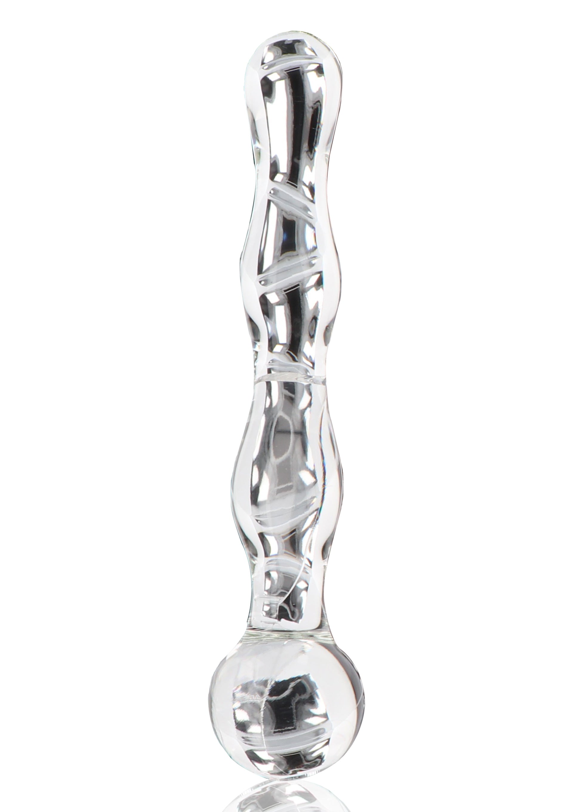 Plug anal en verre transparent avec tourbillons blancs pour un plaisir anal unique et élégant.; Heldere glazen anale plug met witte swirls voor uniek en stijlvol anaal genot.; Clear glass anal plug with white swirls for unique and stylish anal pleasure.