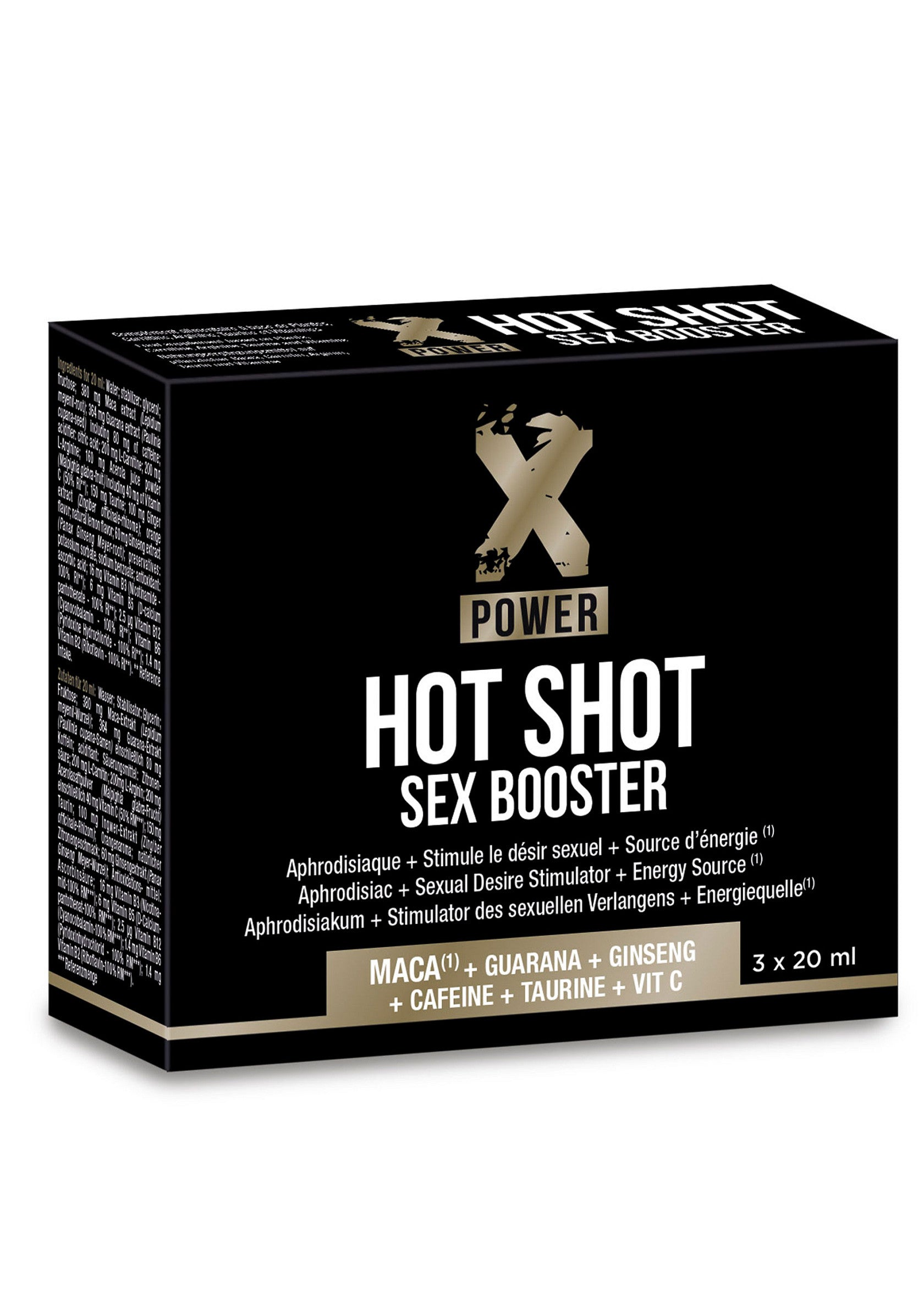 Power X Hot Shot, booster sexuel aphrodisiaque pour stimuler le désir. Contient maca, guarana, ginseng, caféine, taurine et vitamine C.; Power X Hot Shot, afrodisiacum seksuele booster om het verlangen te stimuleren. Met maca, guarana, ginseng, cafeïne, taurine & vitamine C.; Power X Hot Shot, aphrodisiac sex booster to stimulate desire. Contains maca, guarana, ginseng, caffeine, taurine & vitamin C.