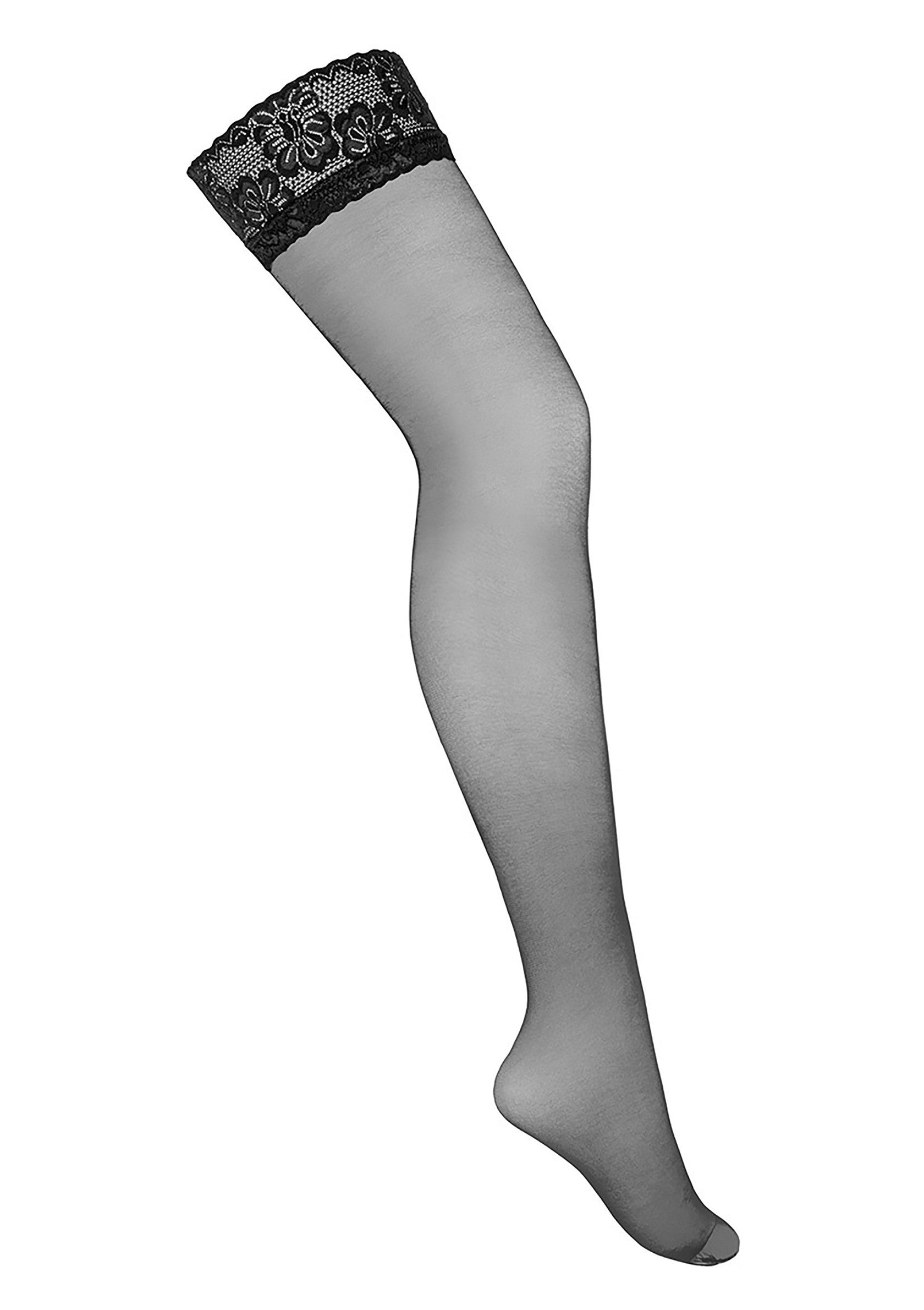 Bas autofixants noirs transparents avec bordure en dentelle florale pour une touche d'élégance.; Zwarte, doorschijnende kousenbanden met een bloemen kanten rand voor een vleugje elegantie.; Black sheer hold up stockings featuring floral lace top for a touch of elegance.