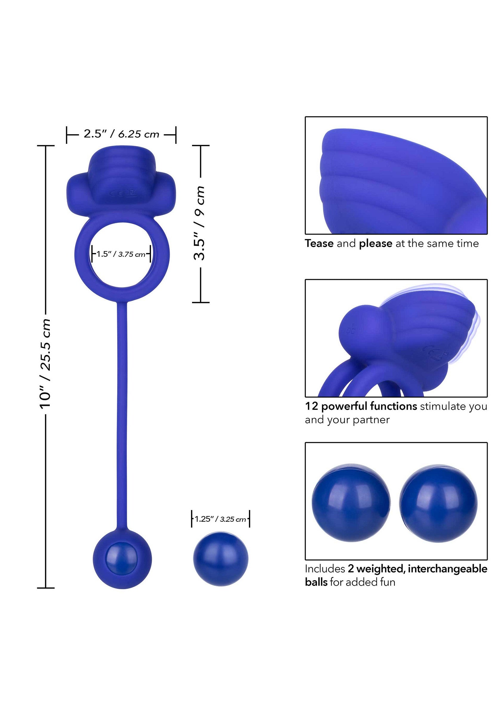 Anneau pénien vibrant bleu avec 2 boules interchangeables pour plus de plaisir. 12 fonctions de vibration.; Blauwe vibrerende penisring met 2 verwisselbare ballen voor extra plezier. 12 vibratiefuncties.; Blue vibrating cock ring with 2 interchangeable balls for added fun. 12 vibration functions.