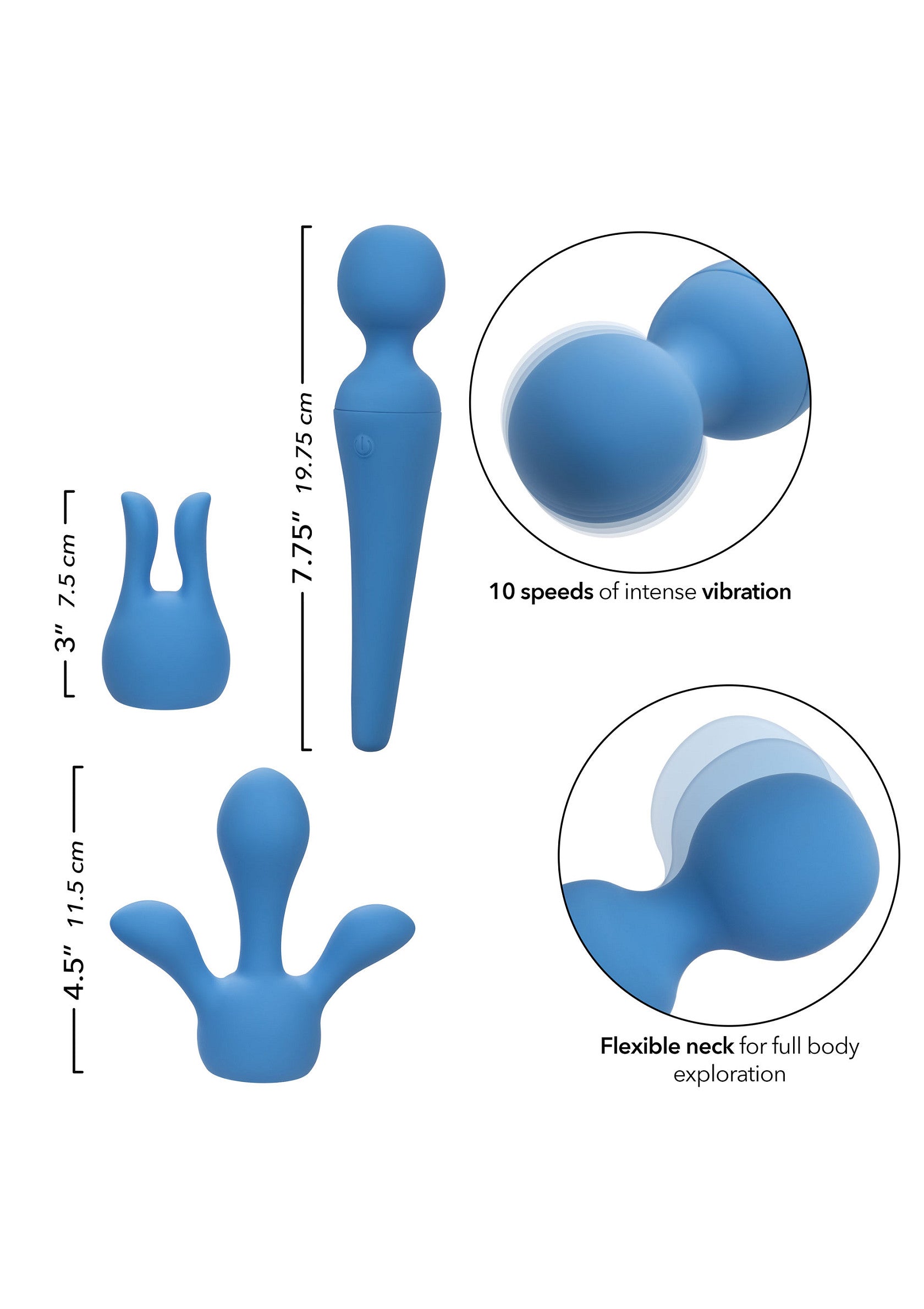 Ensemble de sextoys bleus comprenant un vibromasseur, un stimulateur clitoridien et un masseur. 10 vitesses et col flexible.; Blauwe seksspeeltjesset met vibrator, clitorisstimulator en massageapparaat. 10 snelheden en flexibele nek.; Blue sex toy set with vibrator, clit stimulator, and massager. 10 speeds and flexible neck.