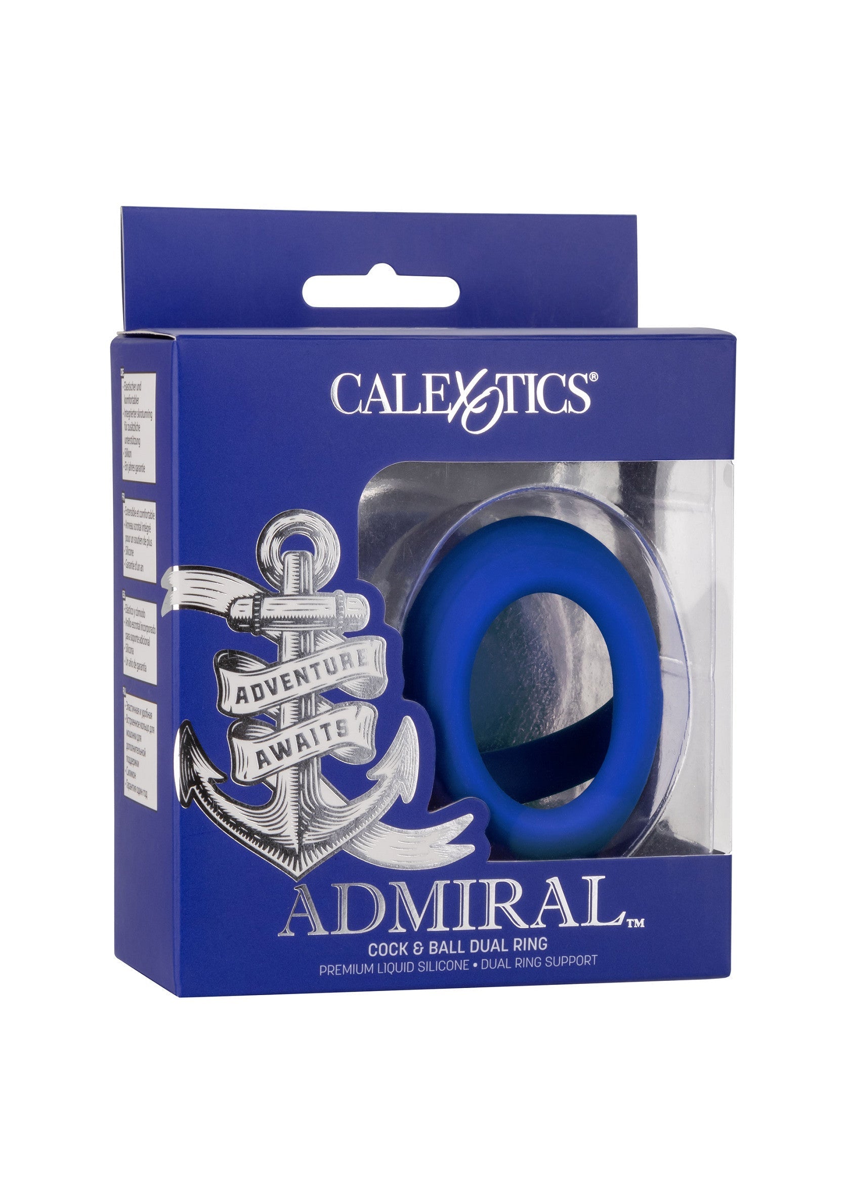 CalExotics Admiral anneau pénien et testiculaire bleu. Soutien double pour plus de plaisir et de sensations fortes. ; CalExotics Admiral blauwe penis- en balring. Dubbele ondersteuning voor meer plezier en sensatie.; CalExotics Admiral blue cock & ball ring. Dual support for increased pleasure and sensation. 