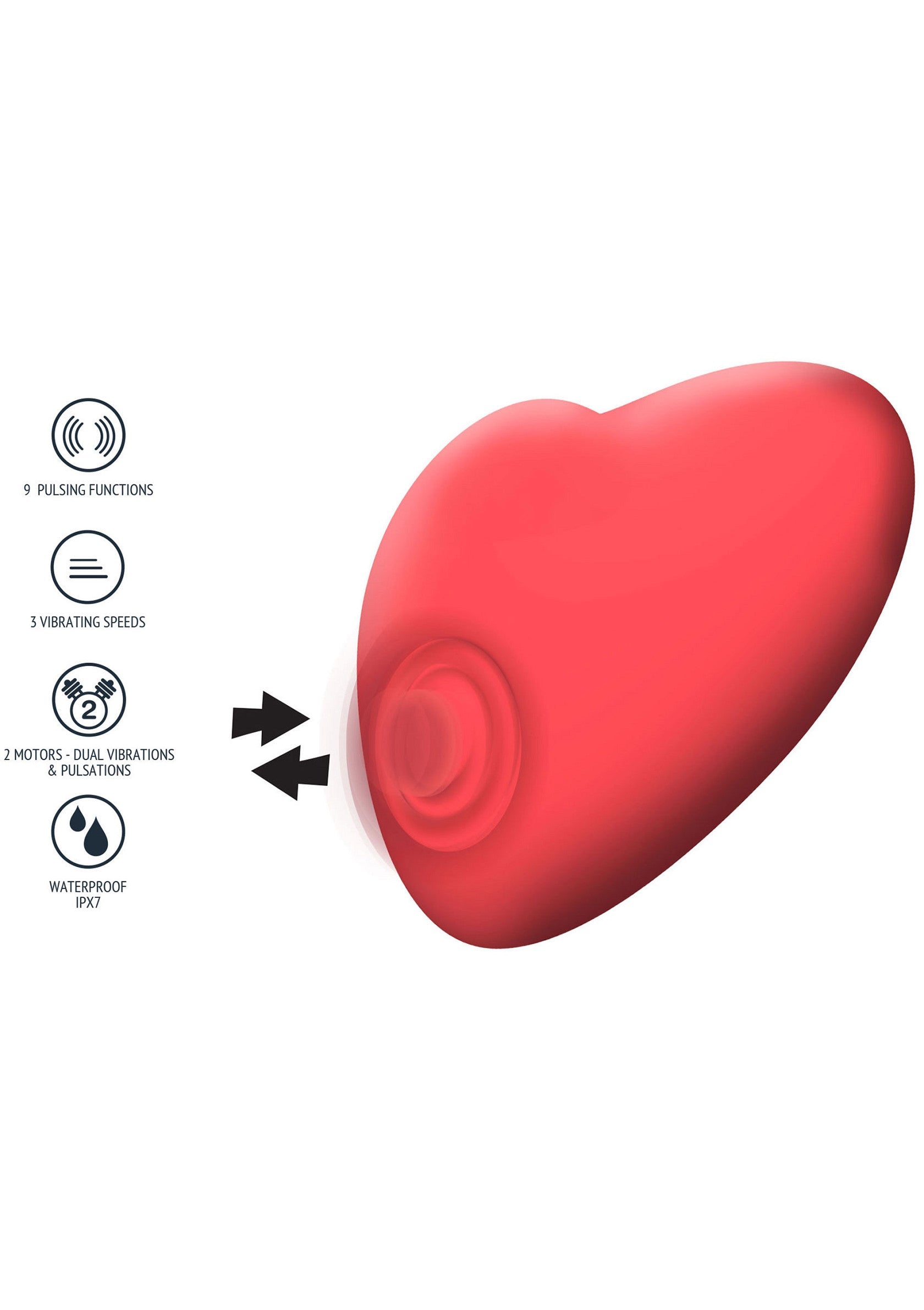 Vibromasseur en forme de coeur rouge avec 9 modes de pulsation, 5 vitesses de vibration, étanche et avec deux moteurs.; Rode hartvormige vibrator met 9 pulsatiestanden, 5 vibratiesnelheden, waterdicht en met twee motoren.; Red heart-shaped vibrator with 9 pulsating functions, 5 vibrating speeds, waterproof and with two motors.