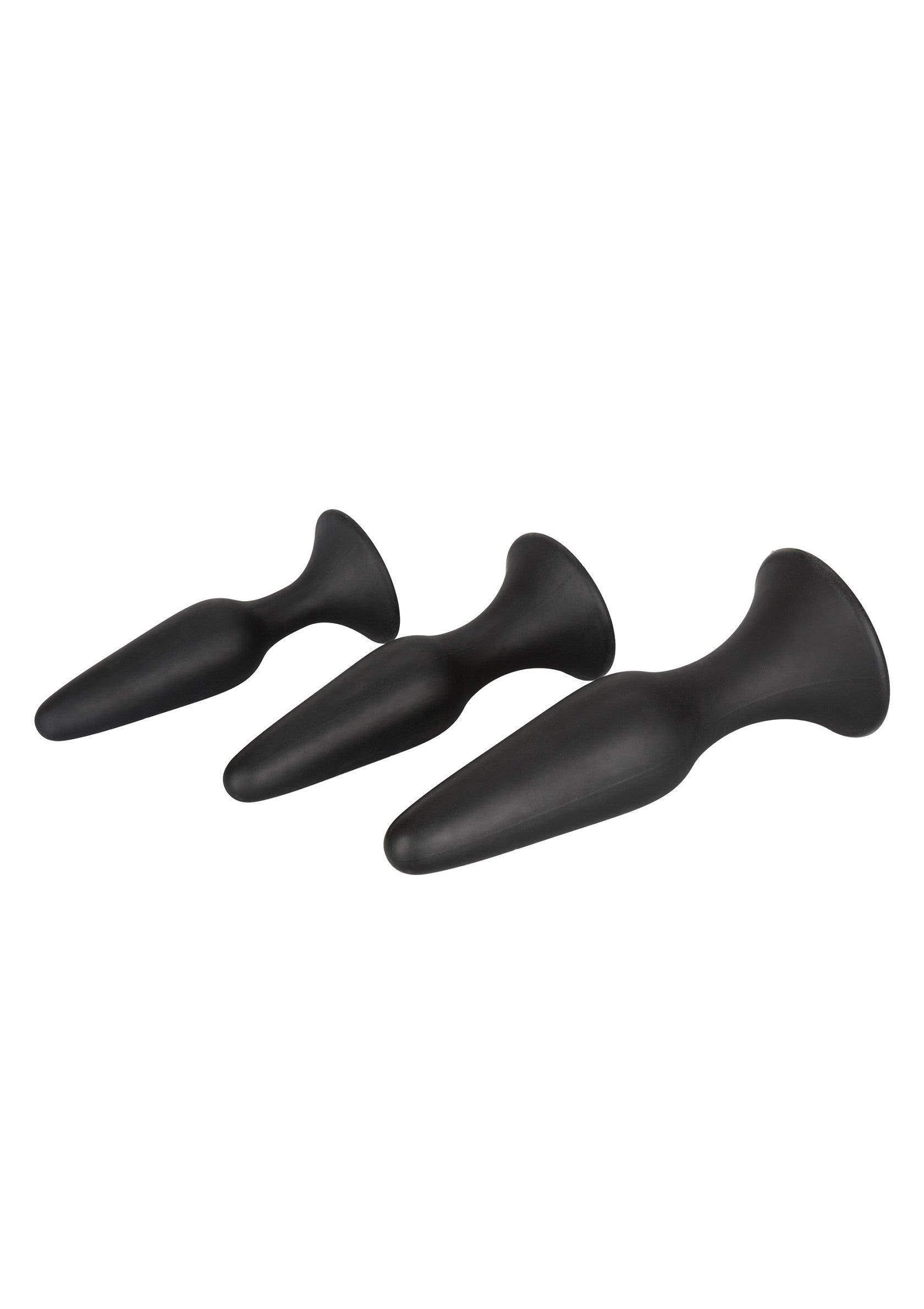 Ensemble de plugs anaux en silicone noir, trois tailles pour un plaisir progressif.; Set van zwarte siliconen anale plugs, drie maten voor geleidelijk genot.; Set of black silicone anal plugs, three sizes for gradual pleasure.