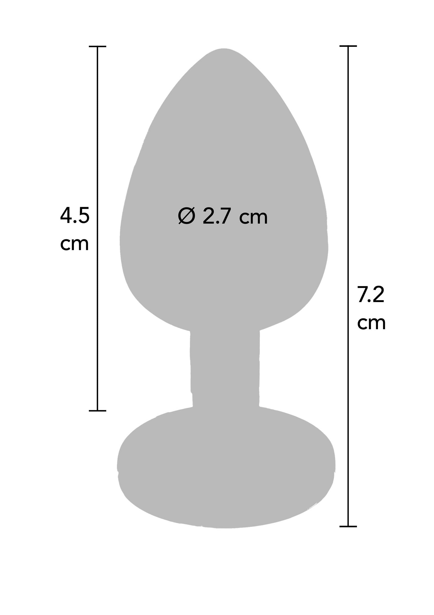 Diagramme d'un plug anal avec des mesures détaillées. Forme de cœur avec une base ronde.; Diagram van een anale plug met gedetailleerde afmetingen. Hartvorm met een ronde basis.; Diagram of an anal plug with detailed measurements. Heart shape with a round base.