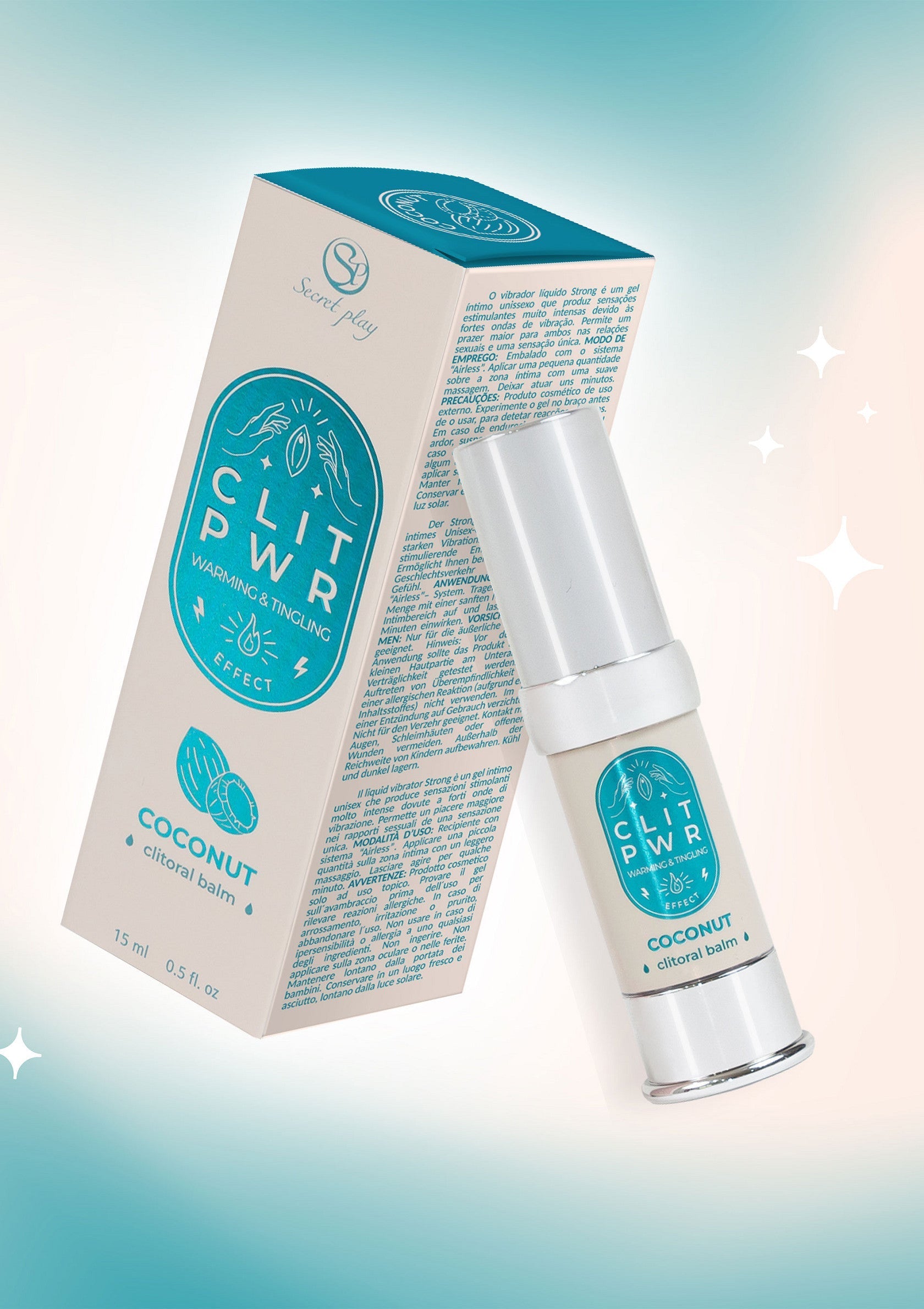 Baume clitoridien stimulant à la noix de coco. Réchauffant et picotant. Plaisir intense garanti!; Stimulerende clitorisbalsem met kokosnoot. Geeft een warm en tintelend effect. Gegarandeerd intens genot!; Coconut stimulating clitoral balm. Warming and tingling effect. Guaranteed intense pleasure!