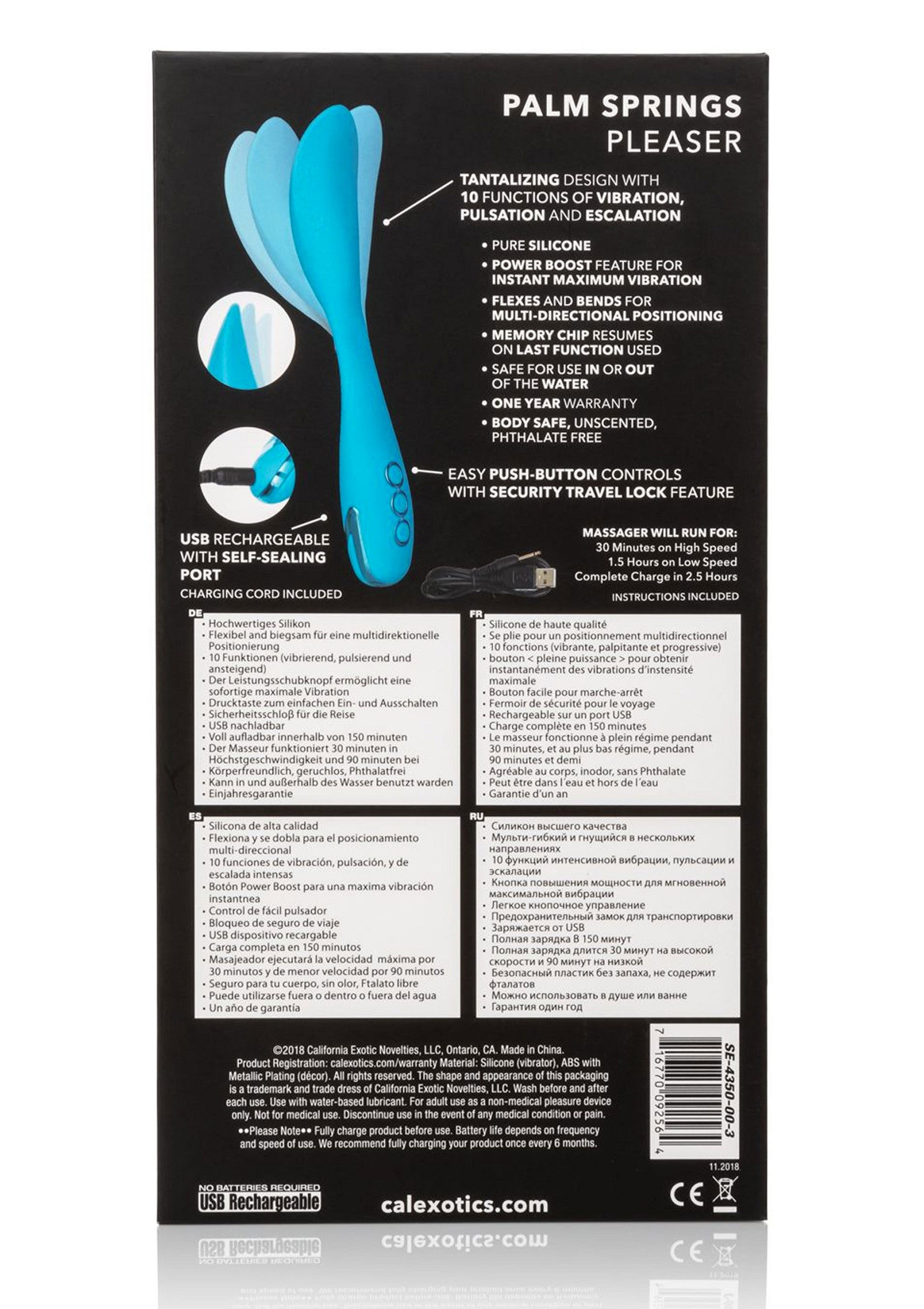 Palm Springs Pleaser : vibromasseur en silicone rechargeable USB avec 10 fonctions de vibration et un verrouillage de sécurité.; Palm Springs Pleaser: USB-oplaadbare siliconen vibrator met 10 vibratiefuncties en een veiligheidsvergrendeling.; Palm Springs Pleaser: USB rechargeable silicone vibrator with 10 vibration functions and a travel lock.