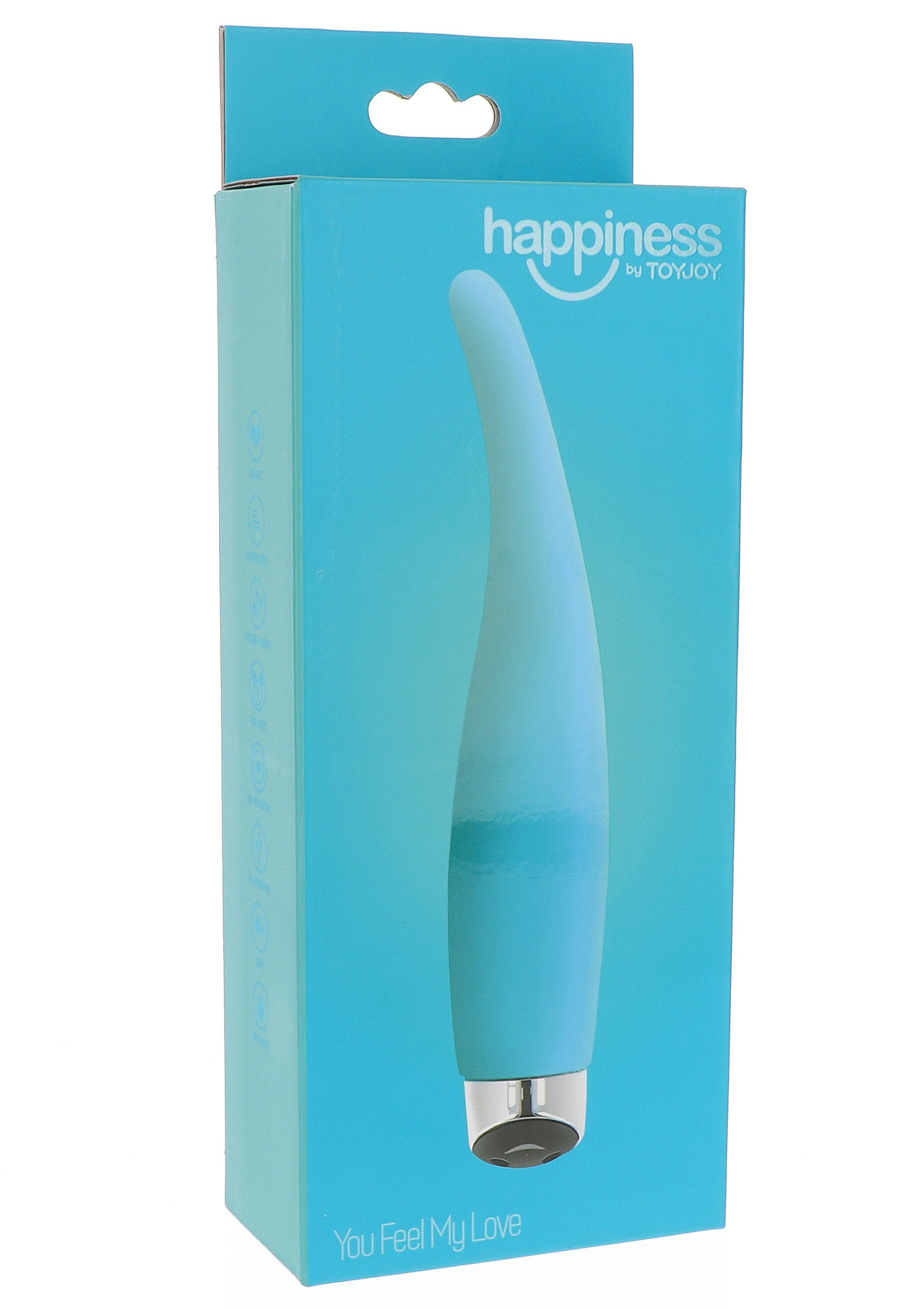 Happiness in Toyjoy You Feel My Love vibrateur bleu turquoise pour le plaisir féminin.; Happiness in Toyjoy You Feel My Love turquoise blauwe vibrator voor vrouwelijk genot.; Happiness in Toyjoy You Feel My Love turquoise blue vibrator for female pleasure.