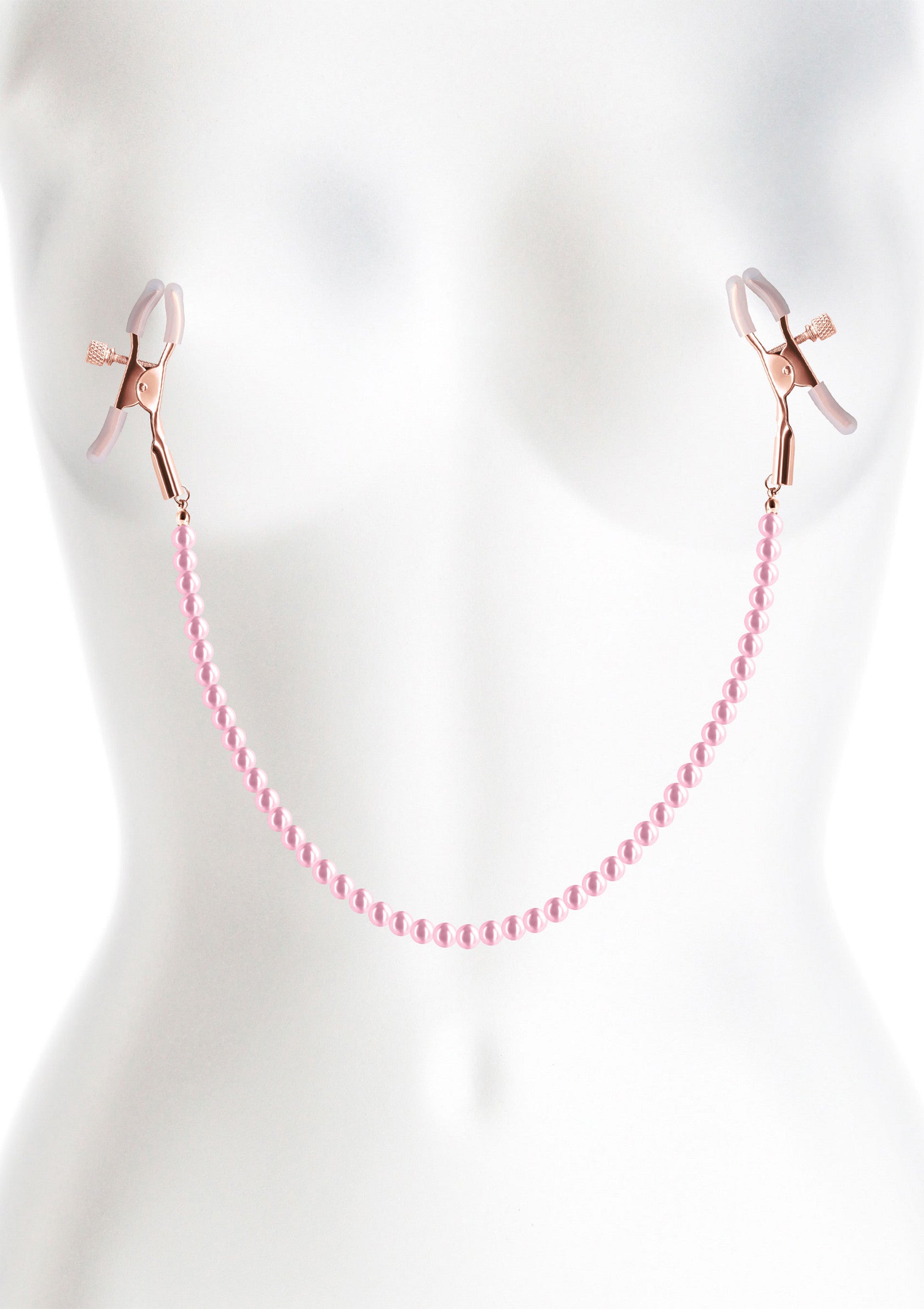 Pinces à tétons roses avec chaîne de perles pour un plaisir sensuel.; Roze tepelklemmen met parelketting voor sensueel genot.; Pink nipple clamps with pearl chain for sensual pleasure.