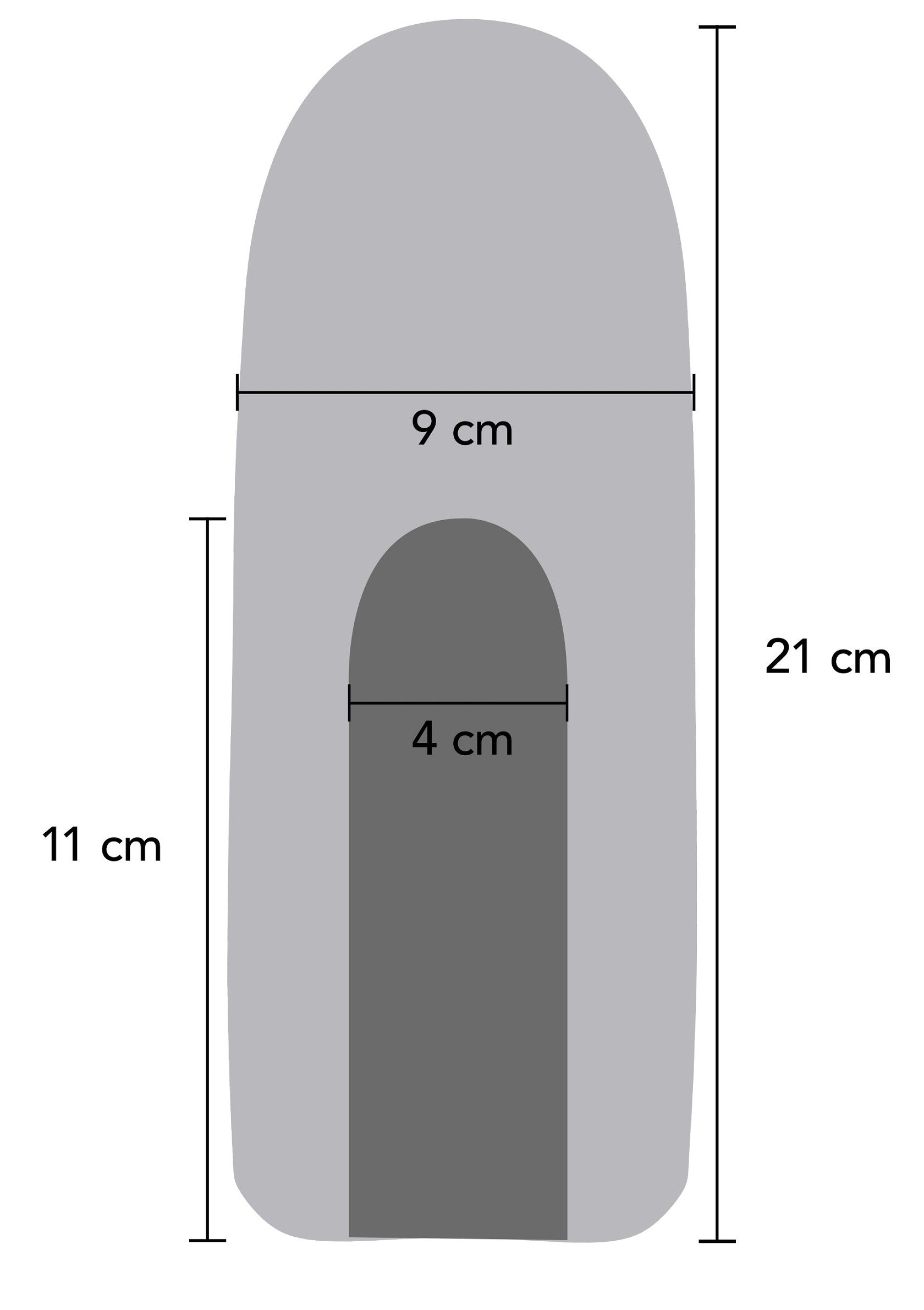 Schéma des dimensions d'un abri pour petits animaux: 21cm de haut, 9cm de large, trou de 4cm.; Afmetingen van een schuilplaats voor kleine dieren: 21cm hoog, 9cm breed, gat van 4cm.; Dimensions diagram of a small animal hide: 21cm tall, 9cm wide, 4cm hole.