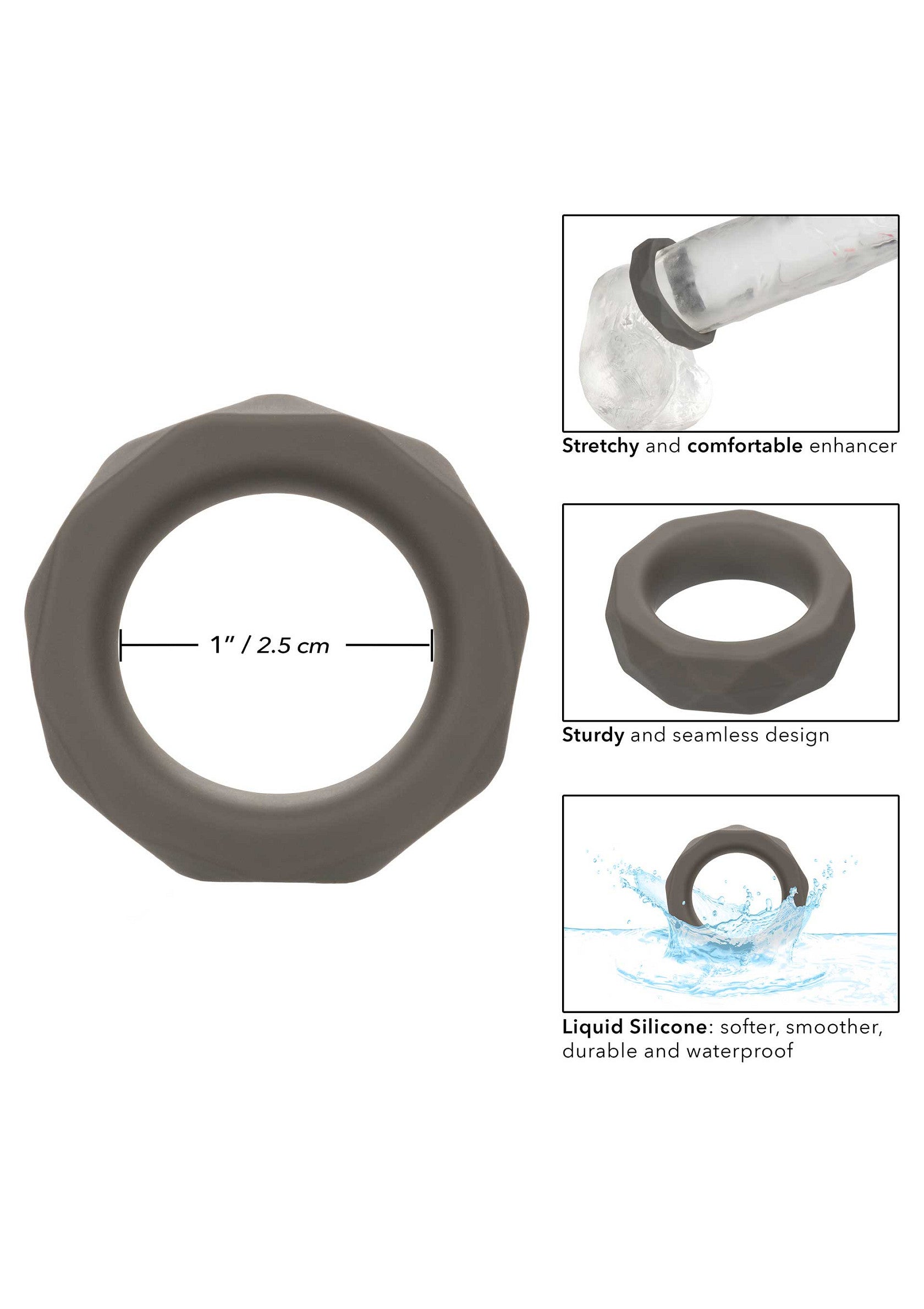 Anneau pénien en silicone lisse et confortable, extensible et étanche.; Gladde, comfortabele siliconen penisring, rekbaar en waterdicht.; Smooth, comfortable silicone cock ring, stretchy, and waterproof.