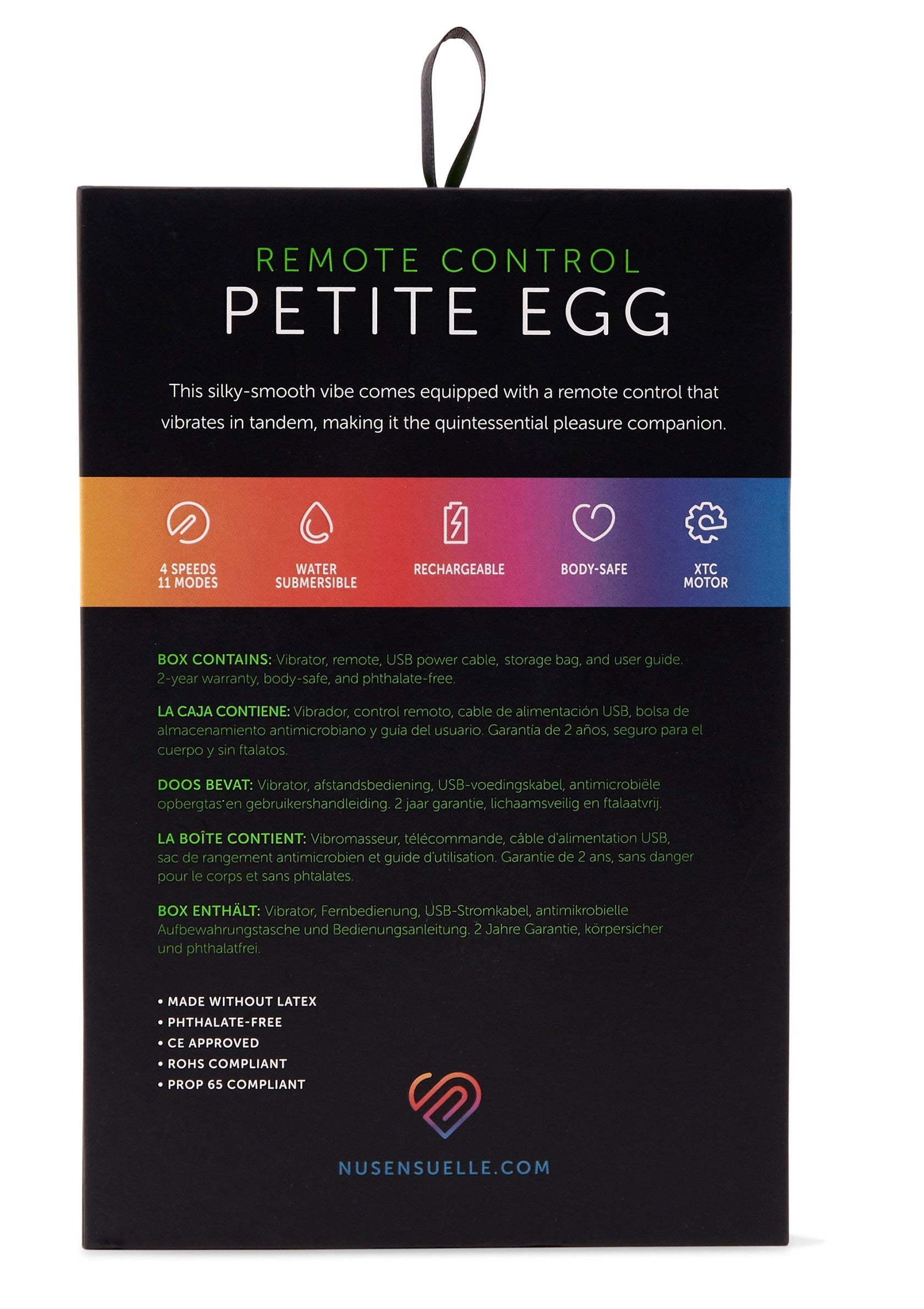 Nusensuelle Remote Control Petite Egg, vibromasseur vibrant, rechargeable, télécommandé, pour des sensations uniques et discrètes.; Nusensuelle Remote Control Petite Egg, vibrerende, oplaadbare vibrator met afstandsbediening voor unieke en discrete sensaties.; Nusensuelle Remote Control Petite Egg, vibrating, rechargeable vibrator with remote control for unique and discreet sensations.