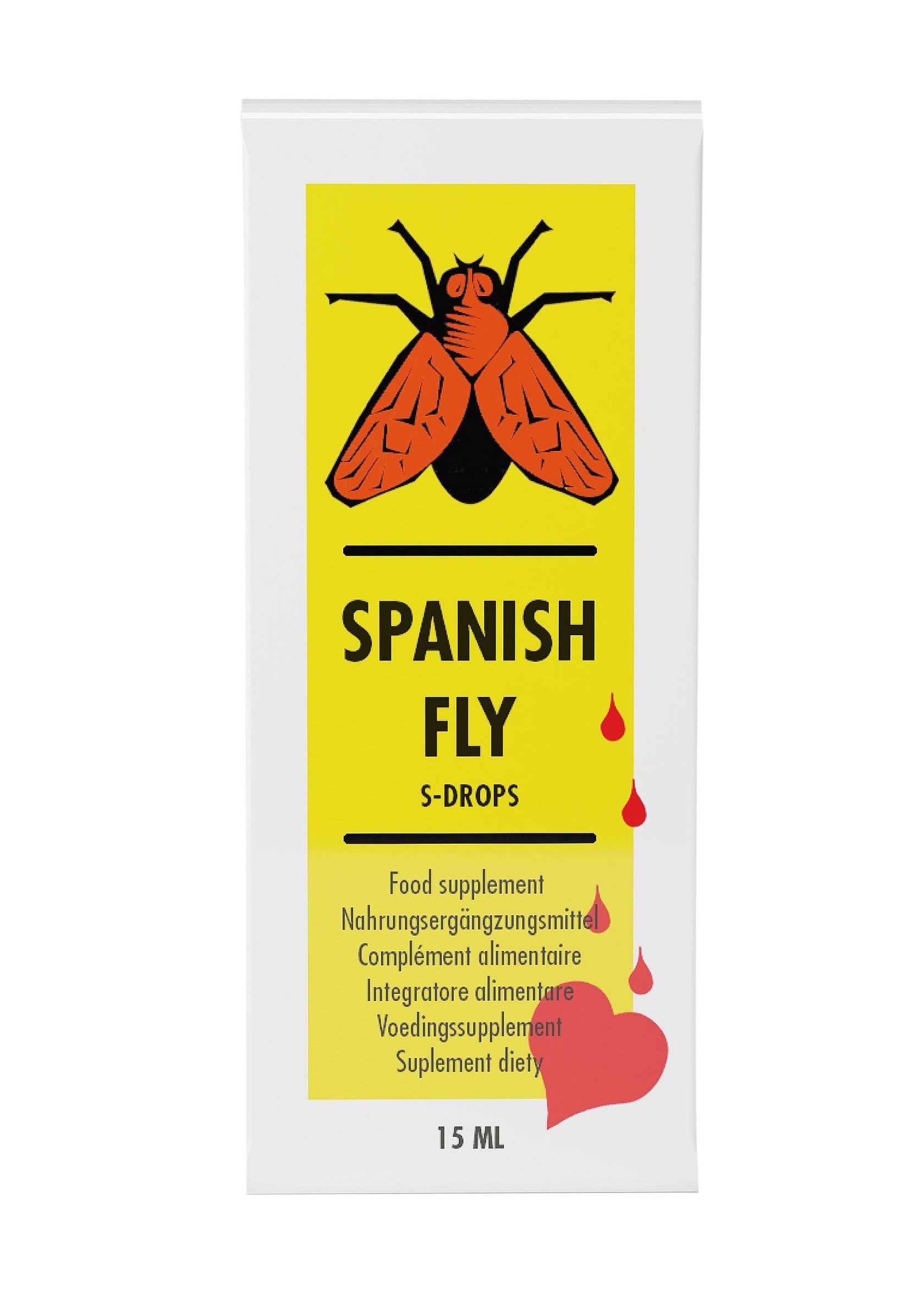 Gouttes Spanish Fly, complément alimentaire pour stimuler le désir et l'excitation. Format de 15ml.; Spanish Fly druppels, voedingssupplement om verlangen en opwinding te stimuleren. Formaat van 15 ml.; Spanish Fly drops, a dietary supplement to stimulate desire and arousal. 15ml bottle.