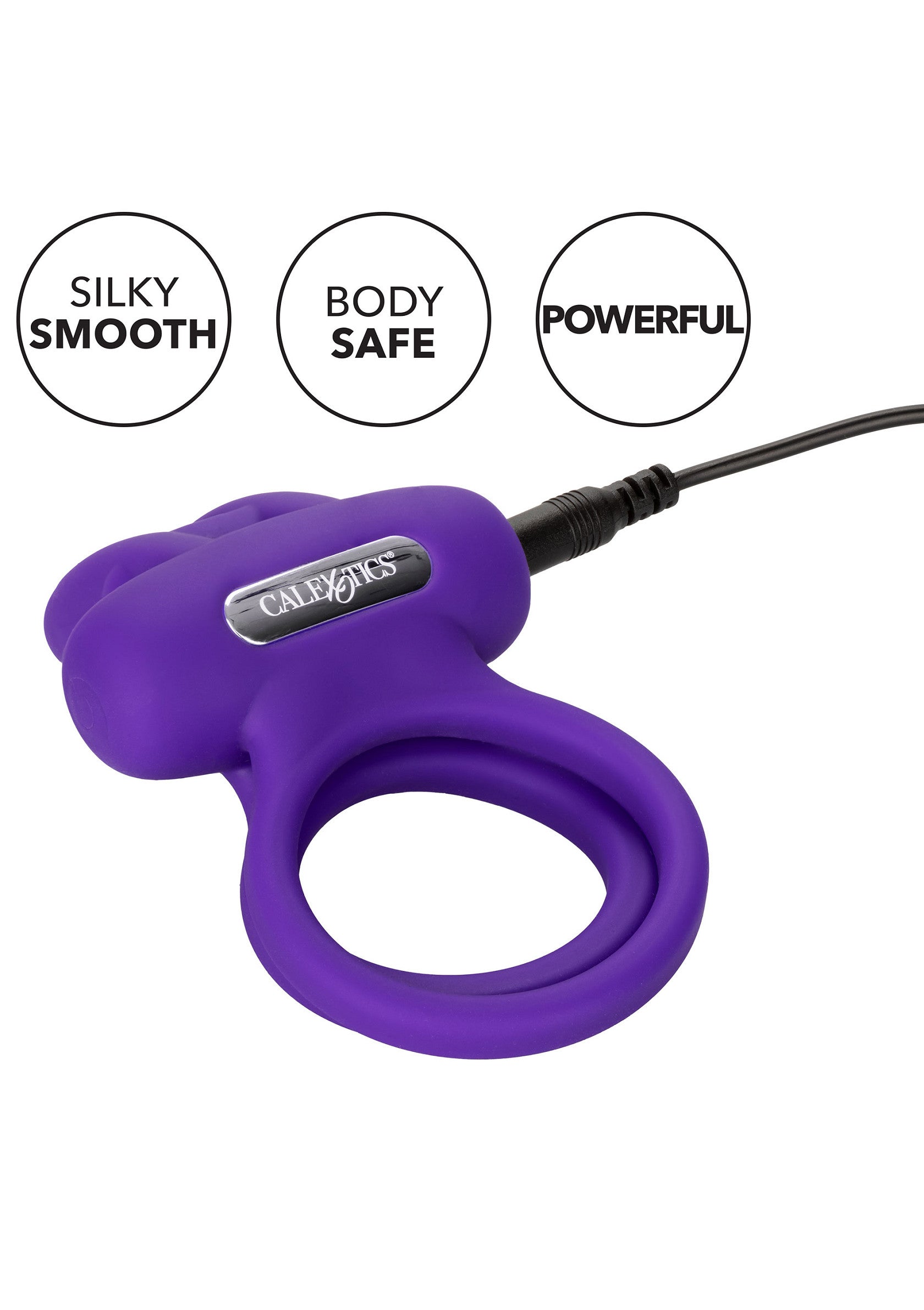 Anneau vibrant violet rechargeable CalExotics pour des sensations intenses et un plaisir prolongé. Silky smooth, body safe, powerful.; CalExotics oplaadbare, paarse vibrerende ring voor intense sensaties en langdurig plezier. Zijdezacht, lichaamsveilig, krachtig.; CalExotics rechargeable purple vibrating ring for intense sensations & long-lasting pleasure. Silky smooth, body safe, powerful.