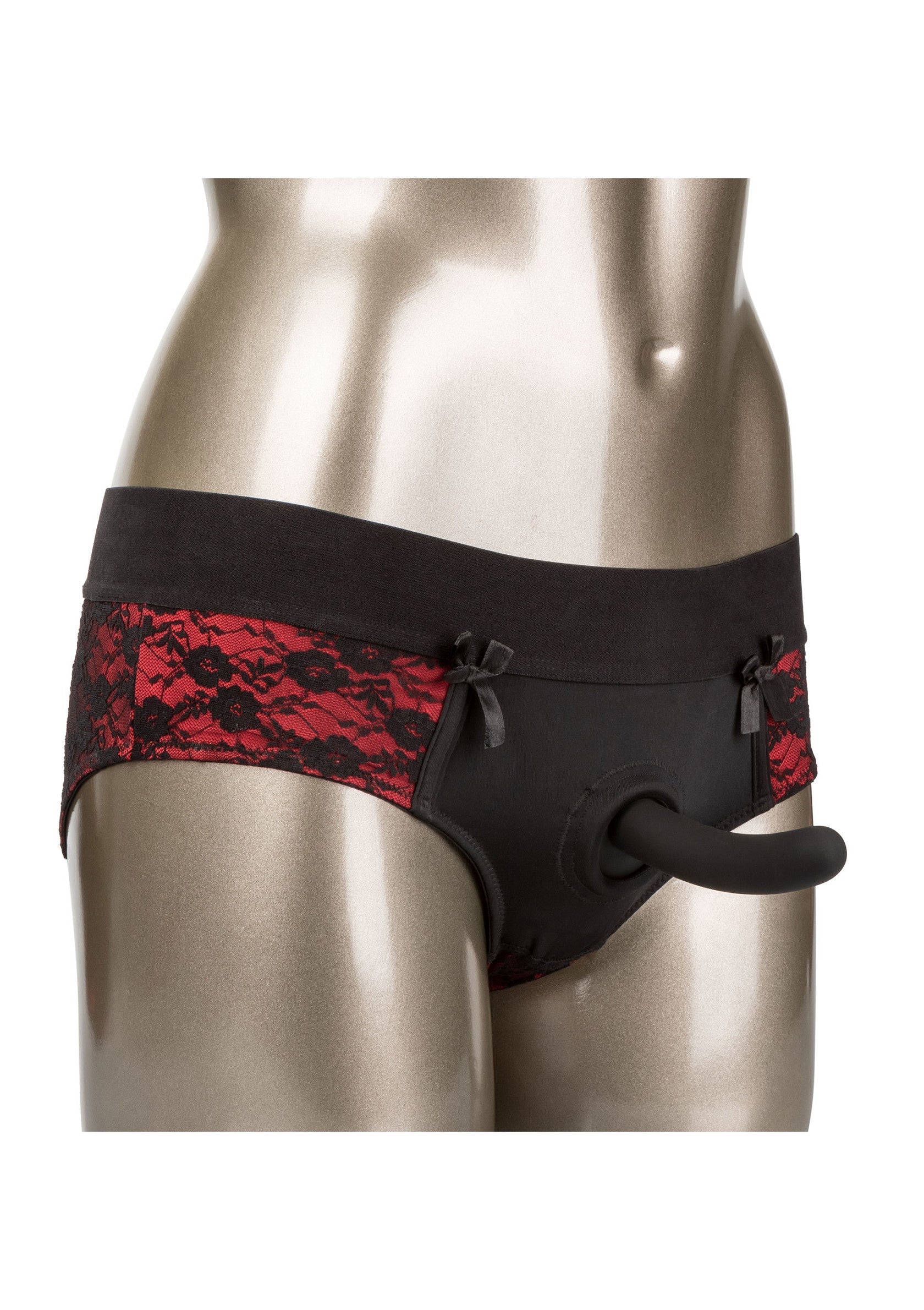 Culotte pour femme avec gode intégré, dentelle rouge et nœuds, sexy et confortable.; Dames slip met dildo, rood kant en strikjes, sexy en comfortabel.; Women's panty with dildo, red lace and bows, sexy and comfortable.