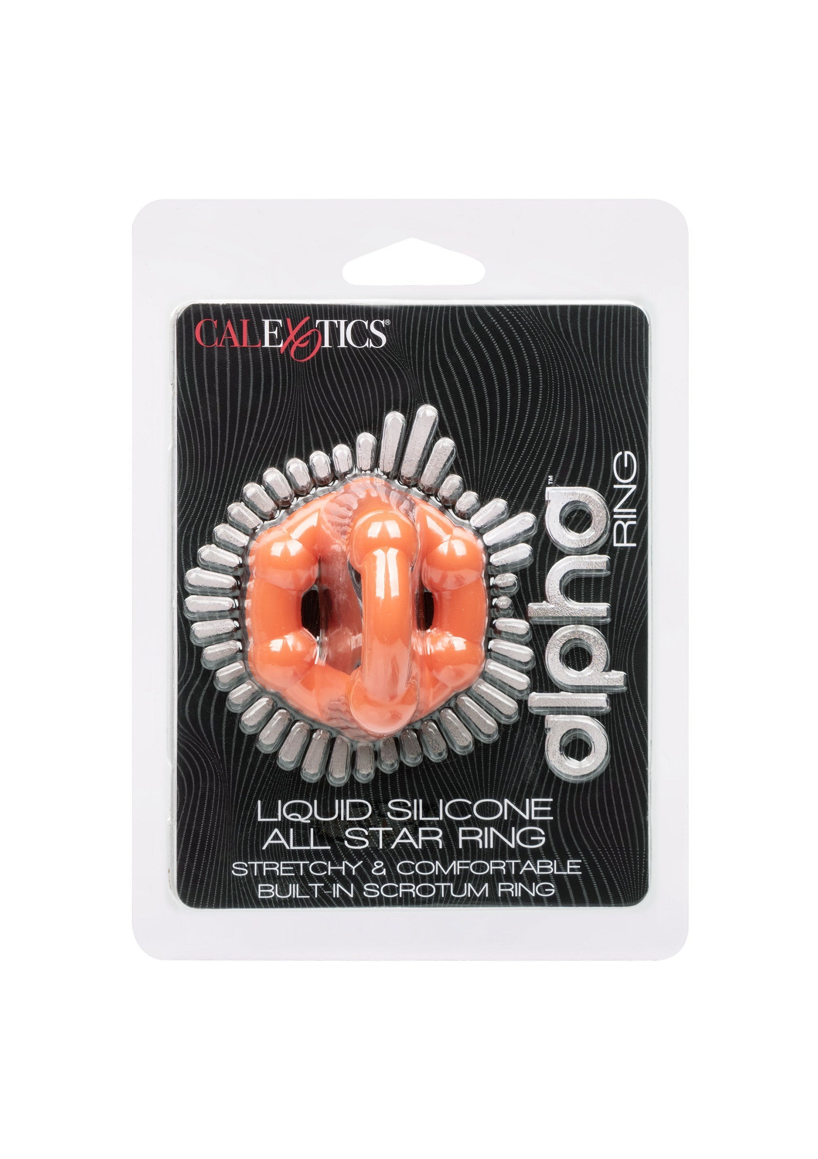 Anneau pénien CalExotics Alpha Ring pour une érection plus dure et plus longue. Silicone souple et confortable.; CalExotics Alpha Ring penisring voor een hardere en langere erectie. Soepele en comfortabele siliconen.; CalExotics Alpha Ring cock ring for a harder, longer erection. Stretchy, comfy silicone with scrotum ring.