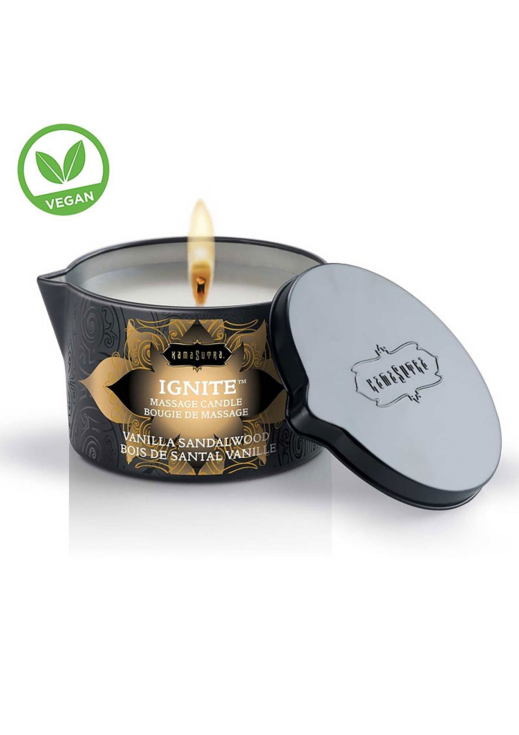 Bougie de massage végane Ignite vanille et bois de santal. Détendez-vous avec ce parfum sensuel.; Vegan Ignite massagekaars vanille & sandelhout. Ontspan met deze sensuele geur.; Vegan Ignite massage candle vanilla & sandalwood. Relax with this sensual scent.