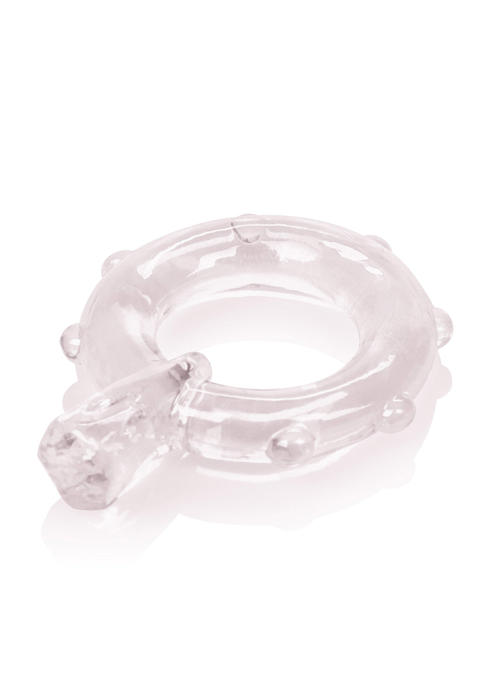 Anneau pénien transparent avec stimulateur clitoridien. Pour des nuits torrides !; Transparante penisring met clitorisstimulator. Voor vurige nachten!; Clear cock ring with clitoral stimulator. Spice up your nights! 
