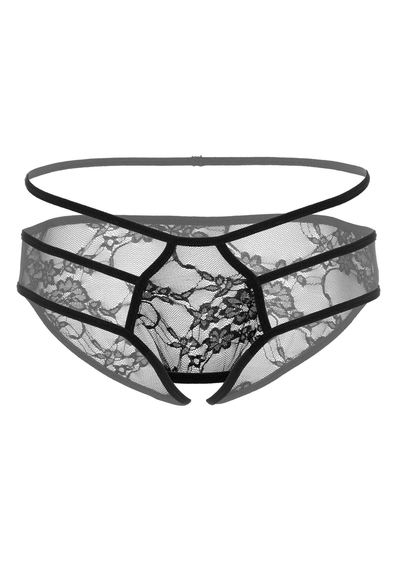 Culotte ouverte en dentelle noire, lingerie féminine sexy et élégante.; Zwarte open kruis slip met kant, sexy en elegante dameslingerie.; Black lace open crotch panty, sexy and elegant women's lingerie.