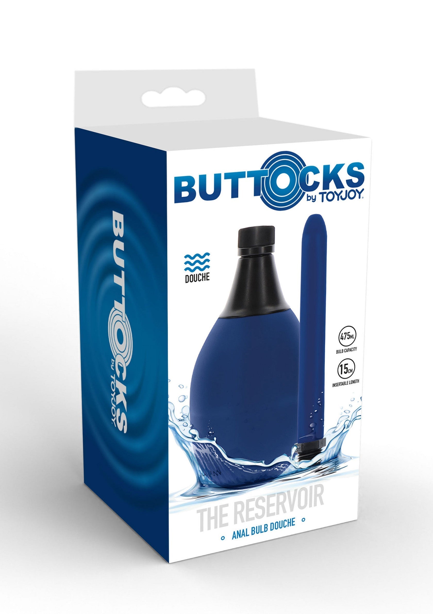 Buttocks The Reservoir de Toyjoy, poire anale bleue pour une hygiène intime optimale et une préparation parfaite.; Buttocks The Reservoir van Toyjoy, blauwe anale darmspoeling voor optimale intieme hygiëne en een perfecte voorbereiding.; Buttocks The Reservoir by Toyjoy, a blue anal douche bulb for optimal intimate hygiene and perfect preparation.