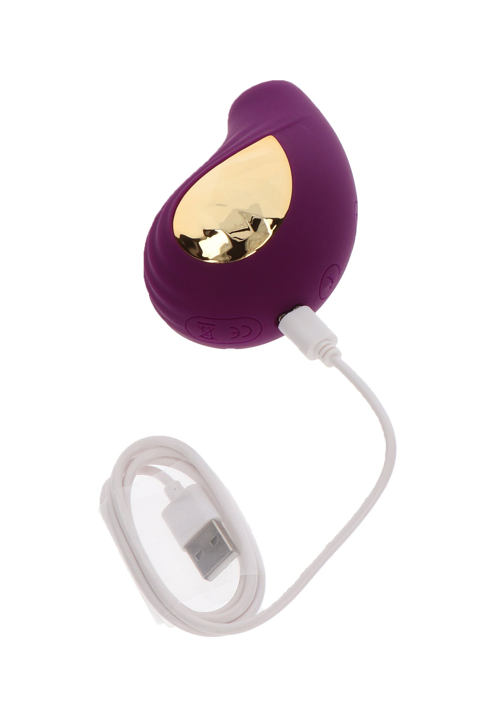 Masseur personnel rechargeable violet et doré avec câble USB inclus.; Oplaadbare paarse en gouden persoonlijke massager met inbegrepen USB-kabel.; Rechargeable purple and gold personal massager with included USB charging cable.
