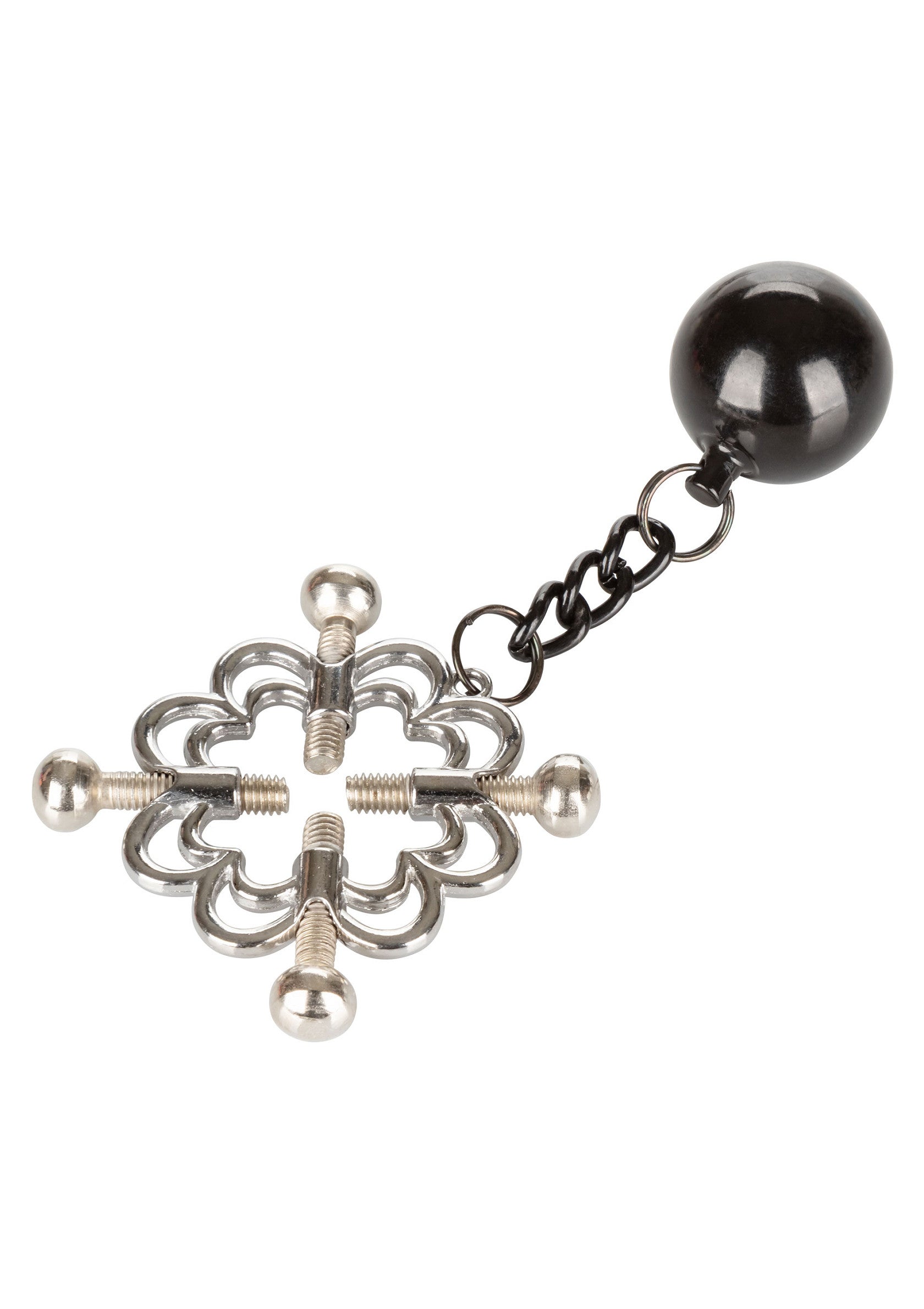 Pince téton en métal avec chaîne et boule noire pour un plaisir intense.; Metalen tepelklem met ketting en zwarte bal voor intens genot.; Metal nipple clamp with chain and black ball for intense pleasure.