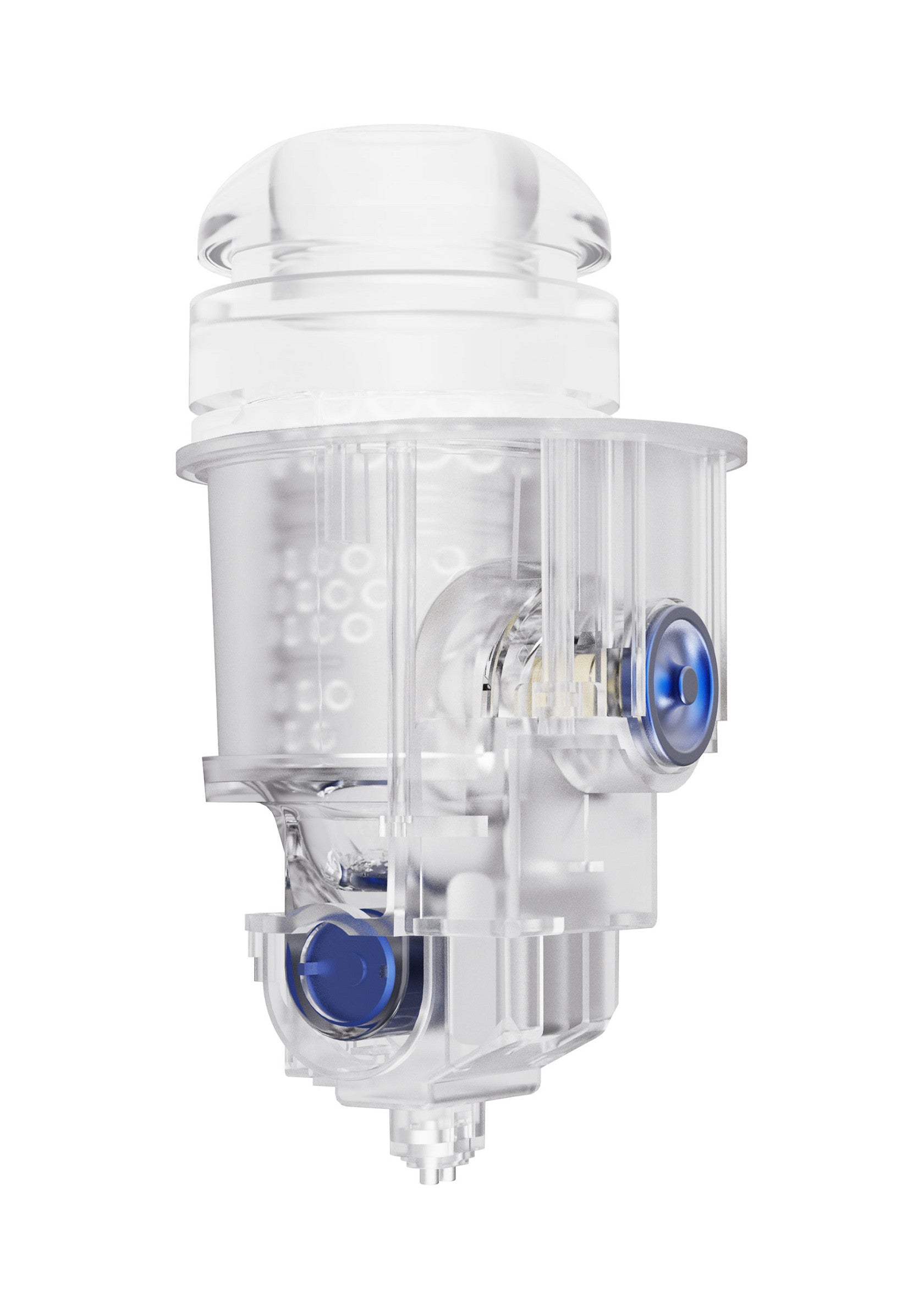Nébuliseur transparent avec des accents bleus, parfait pour l'administration efficace de médicaments. Conception claire et facile à utiliser.; Transparante vernevelaar met blauwe accenten, perfect voor efficiënte medicijntoediening. Helder ontwerp en makkelijk te gebruiken.; Clear nebulizer with blue accents, perfect for efficient medication delivery. Clear design and easy to use.